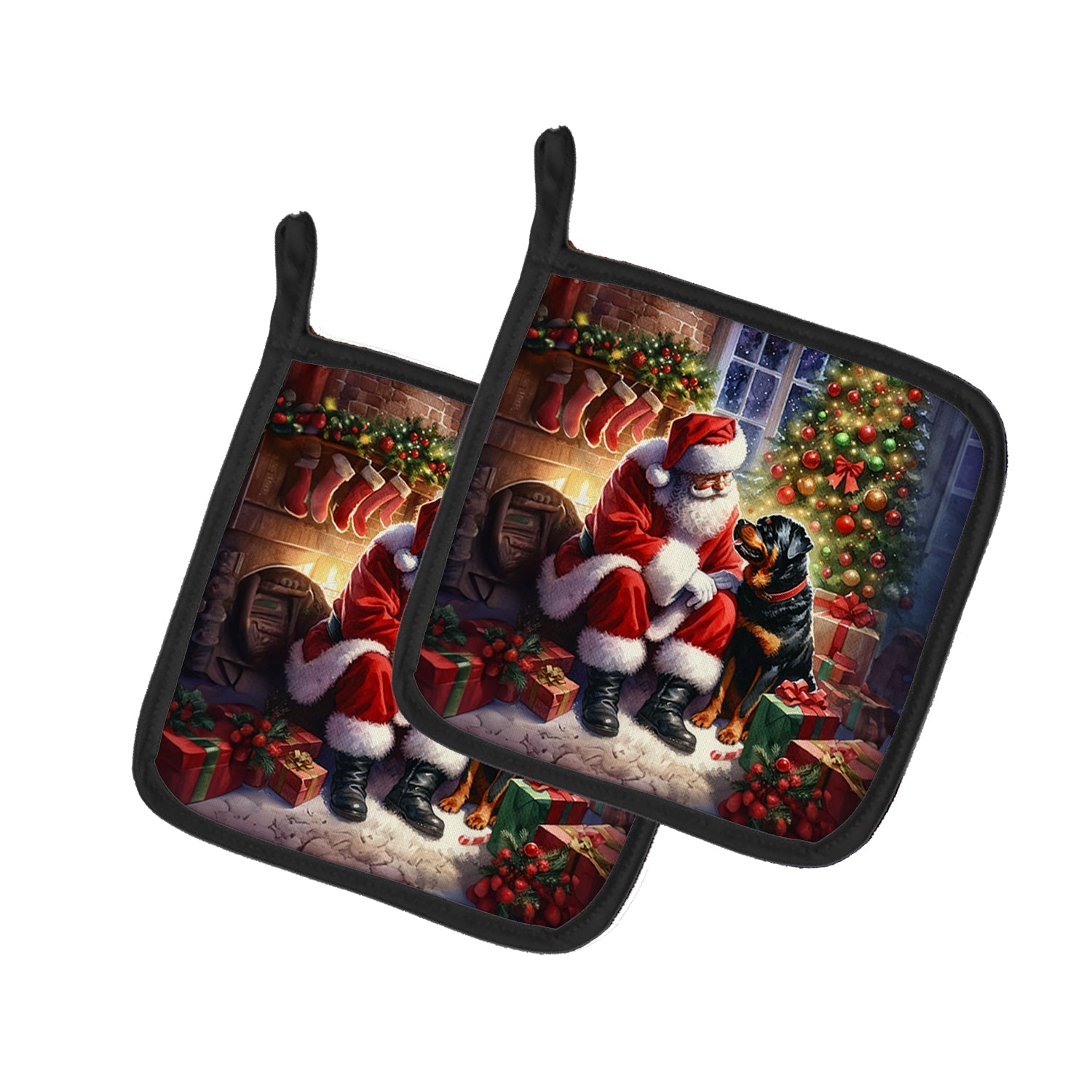 Rottweiler and Santa Claus Pot Holder Set of 2 Heat Resistant Quilted Hot Pads 7.5 x 7.5 Inch, Insulated Kitchen Trivets for Cooking & Baking