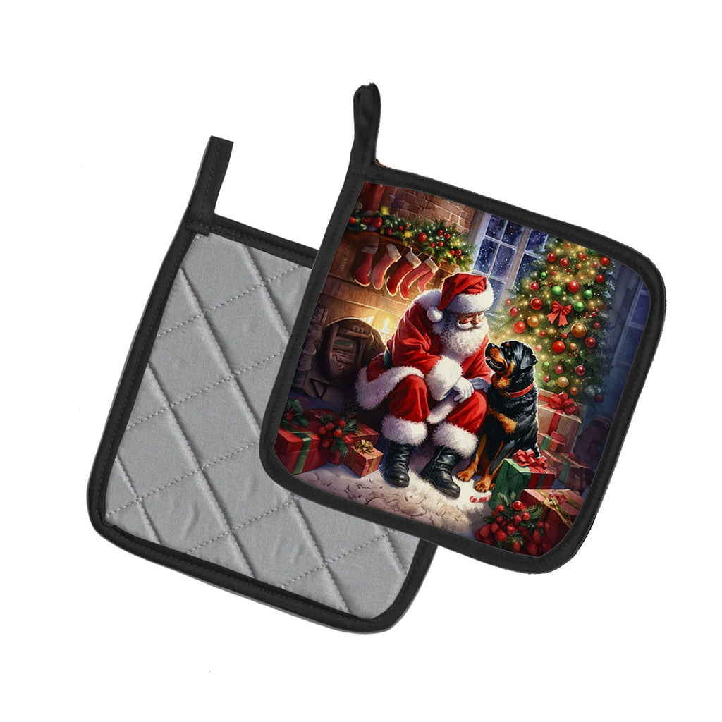 Rottweiler and Santa Claus Pot Holder Set of 2 Heat Resistant Quilted Hot Pads 7.5 x 7.5 Inch, Insulated Kitchen Trivets for Cooking & Baking