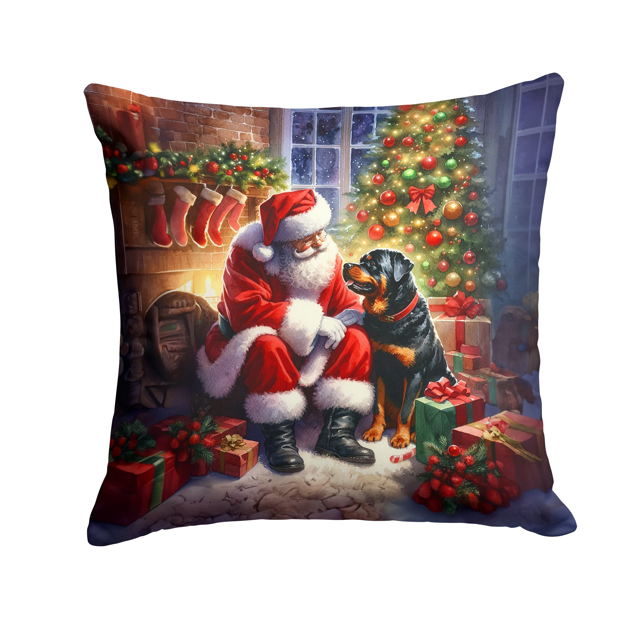 Rottweiler and Santa Claus Decorative Throw Pillow 14x14 Indoor Outdoor Accent Cushion, Fabric Cover with Insert for Sofa, Bed, Porch & Living Room
