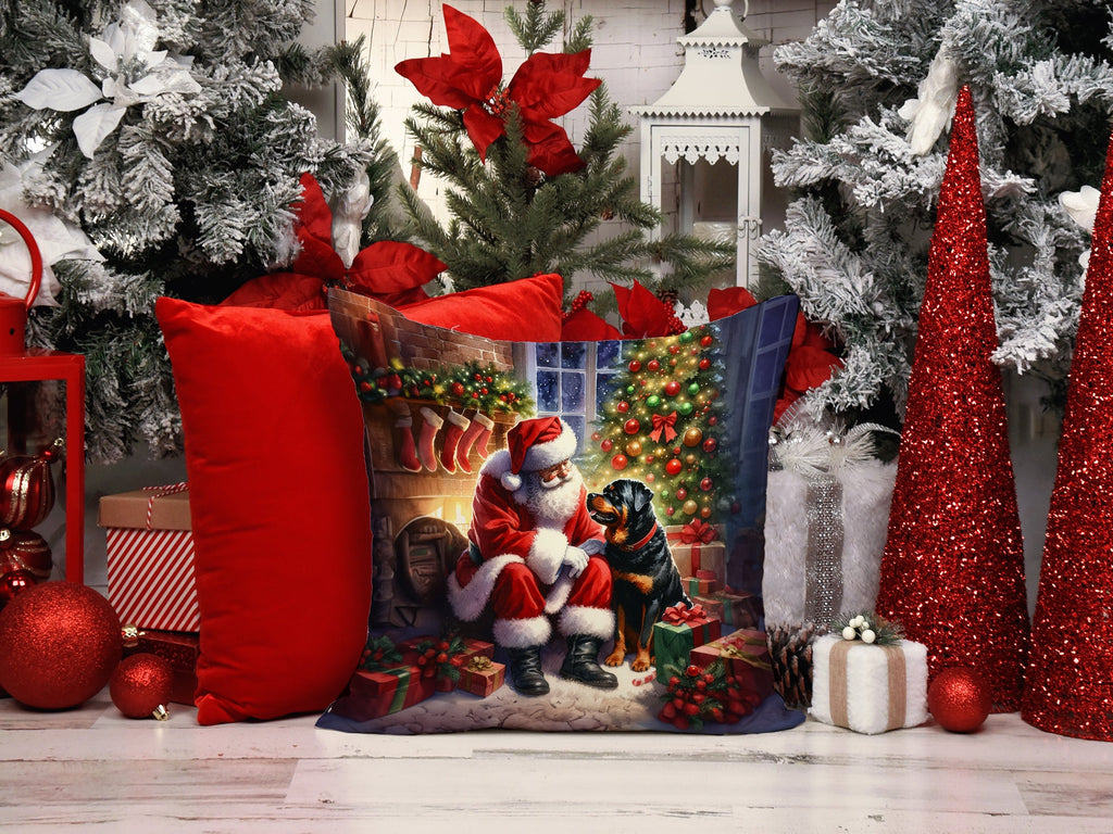 Rottweiler and Santa Claus Decorative Throw Pillow 14x14 Indoor Outdoor Accent Cushion, Fabric Cover with Insert for Sofa, Bed, Porch & Living Room