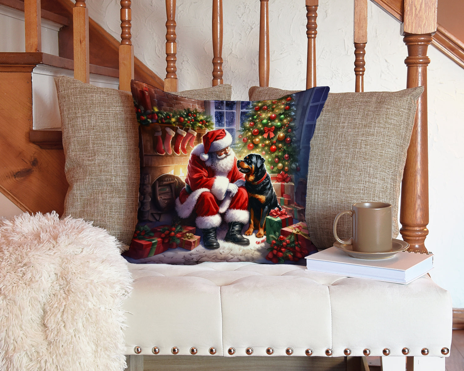 Rottweiler and Santa Claus Decorative Throw Pillow 14x14 Indoor Outdoor Accent Cushion, Fabric Cover with Insert for Sofa, Bed, Porch & Living Room