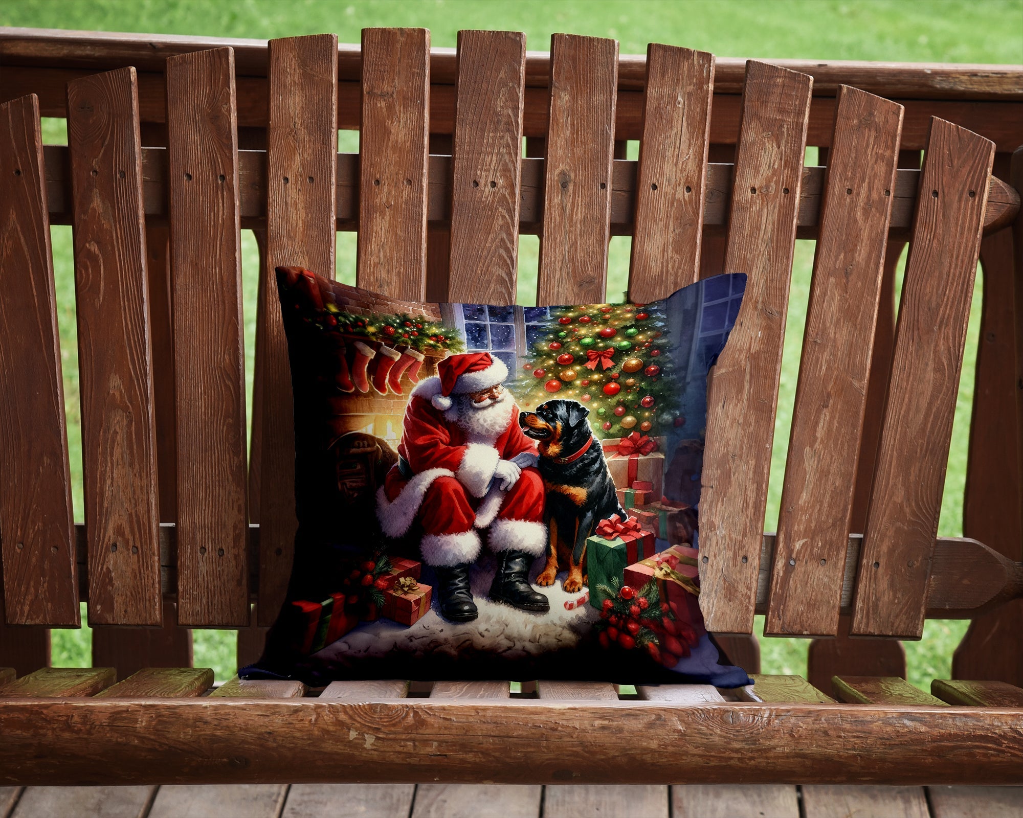 Rottweiler and Santa Claus Decorative Throw Pillow 14x14 Indoor Outdoor Accent Cushion, Fabric Cover with Insert for Sofa, Bed, Porch & Living Room