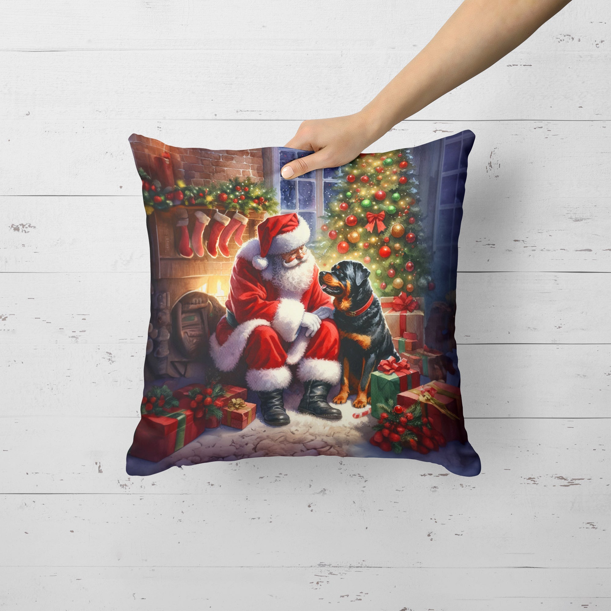 Rottweiler and Santa Claus Decorative Throw Pillow 18x18 Indoor Outdoor Accent Cushion, Fabric Cover with Insert for Sofa, Bed, Porch & Living Room