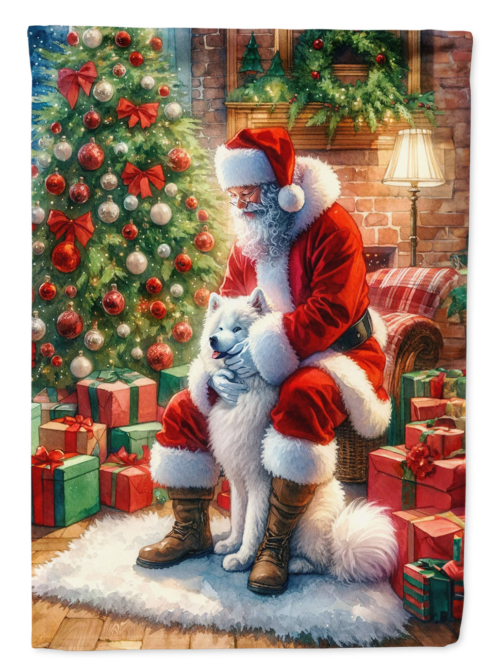 Samoyed and Santa Claus House Flag 28x40 Porch Sleeve Pole Decorative Outside Yard Banner Artwork Wall Hanging, Polyester