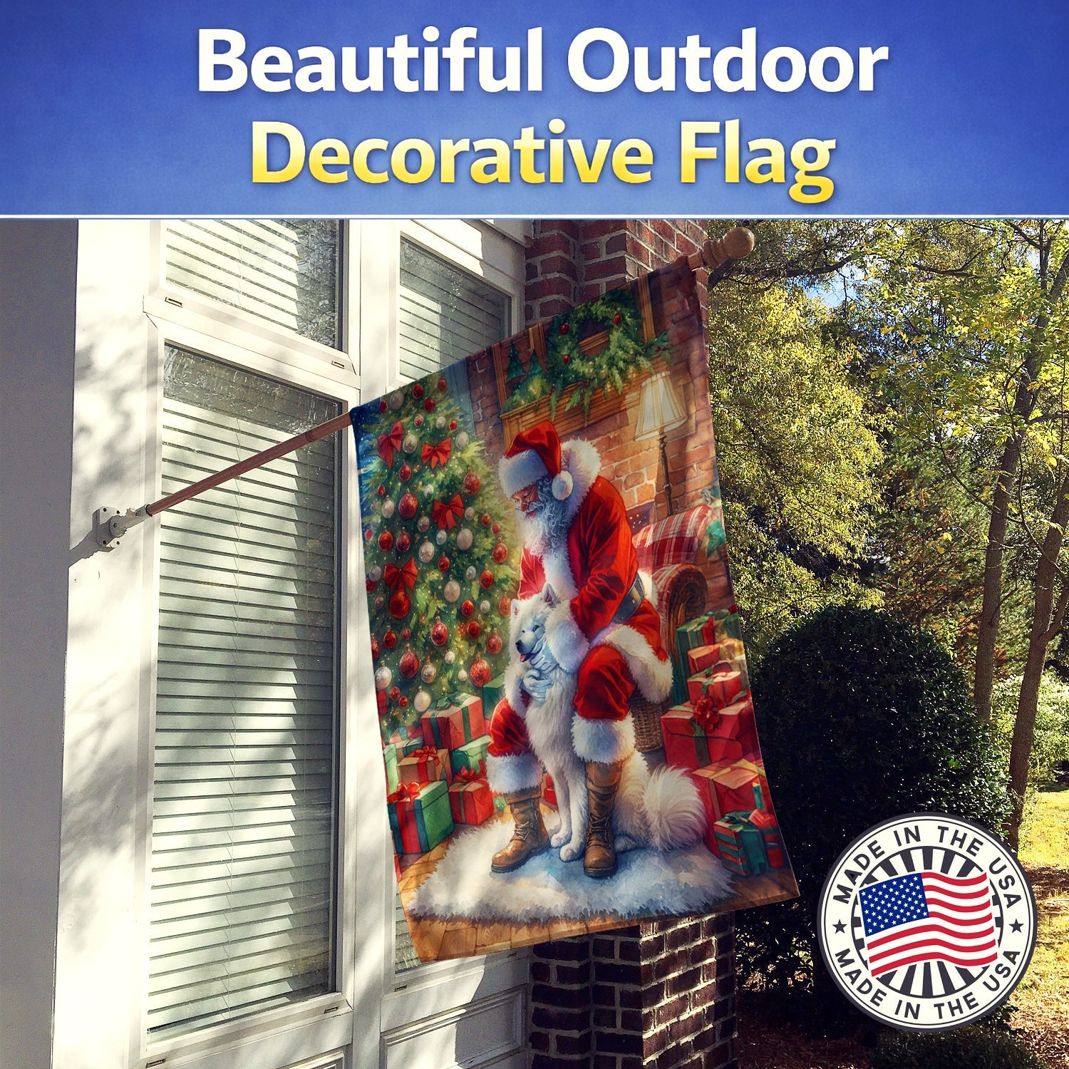 Samoyed and Santa Claus House Flag 28x40 Porch Sleeve Pole Decorative Outside Yard Banner Artwork Wall Hanging, Polyester