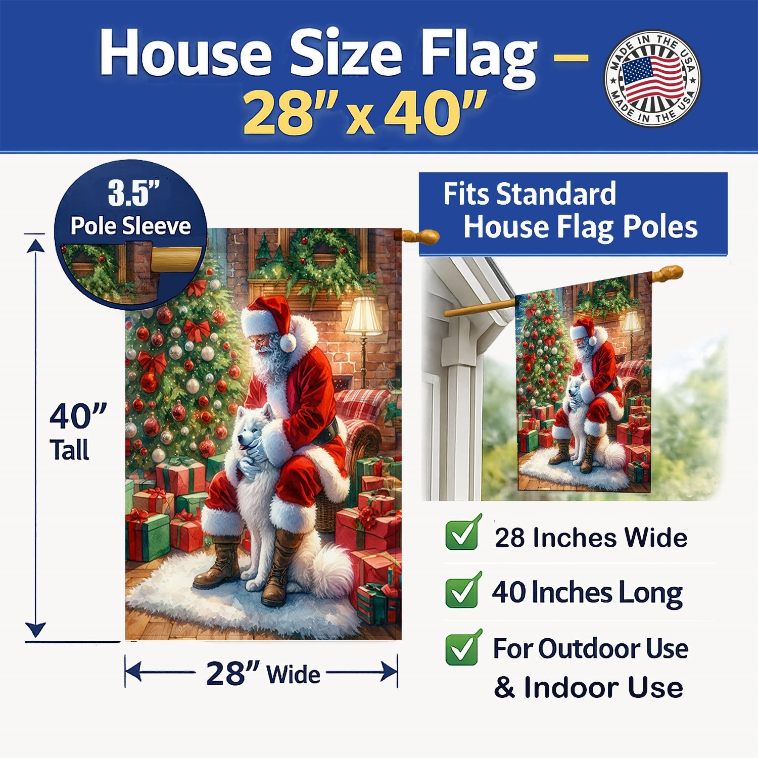 Samoyed and Santa Claus House Flag 28x40 Porch Sleeve Pole Decorative Outside Yard Banner Artwork Wall Hanging, Polyester