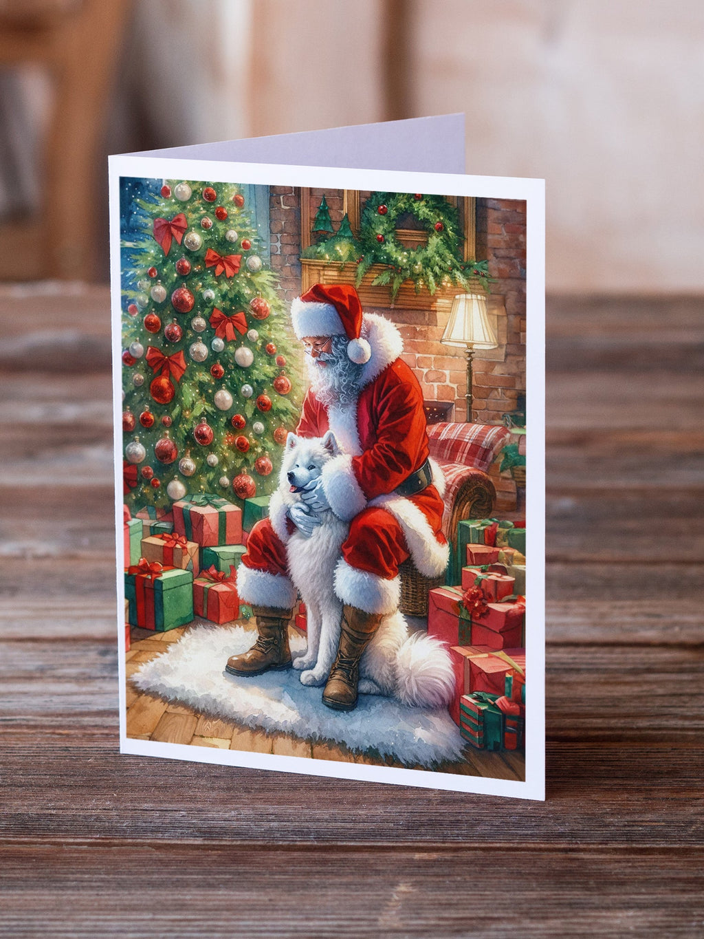 Samoyed and Santa Claus Greeting Cards Pack of 8 Blank Cards with Envelopes Whimsical A7 Size 5x7