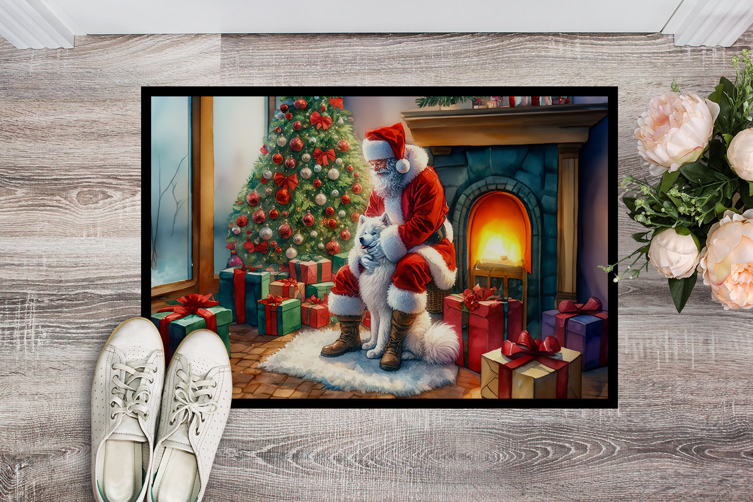 Samoyed and Santa Claus Doormat Indoor Outdoor 24H X 36W Front Door Mat Rugs for Entryway, Non Slip Washable Low Pile,