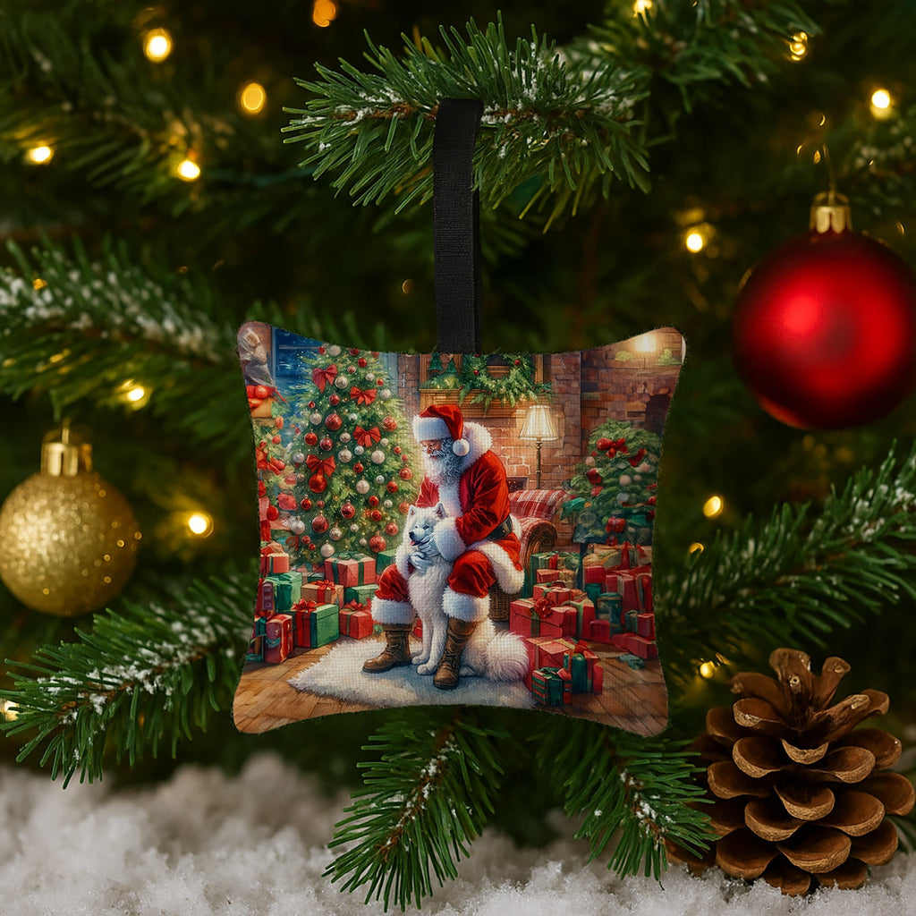 Samoyed and Santa Claus Hanging Square Fabric Ornament 3.5 × 3.5 Decorative Door-Knob & Tree Hanger, Soft Fabric
