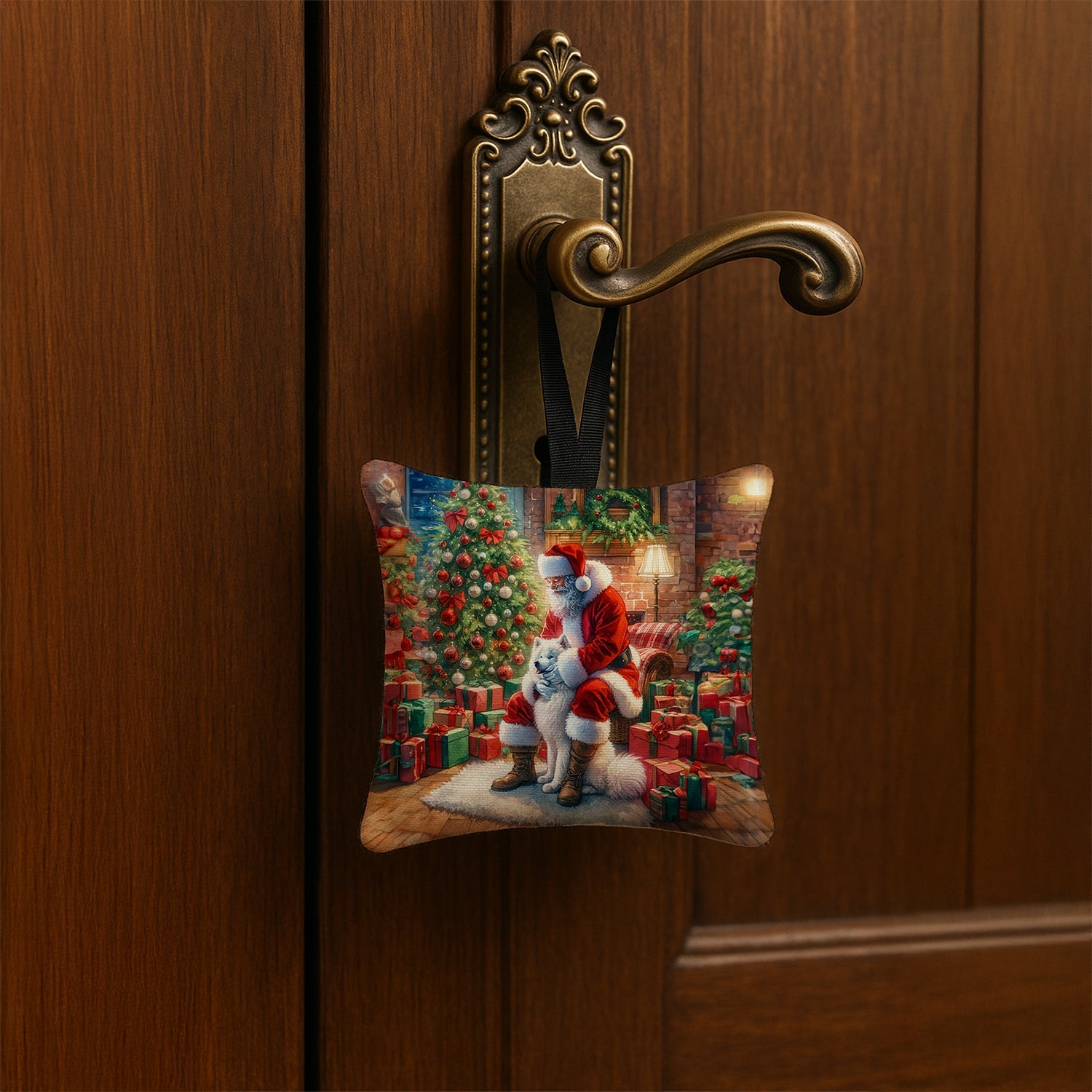 Samoyed and Santa Claus Hanging Square Fabric Ornament 3.5 × 3.5 Decorative Door-Knob & Tree Hanger, Soft Fabric