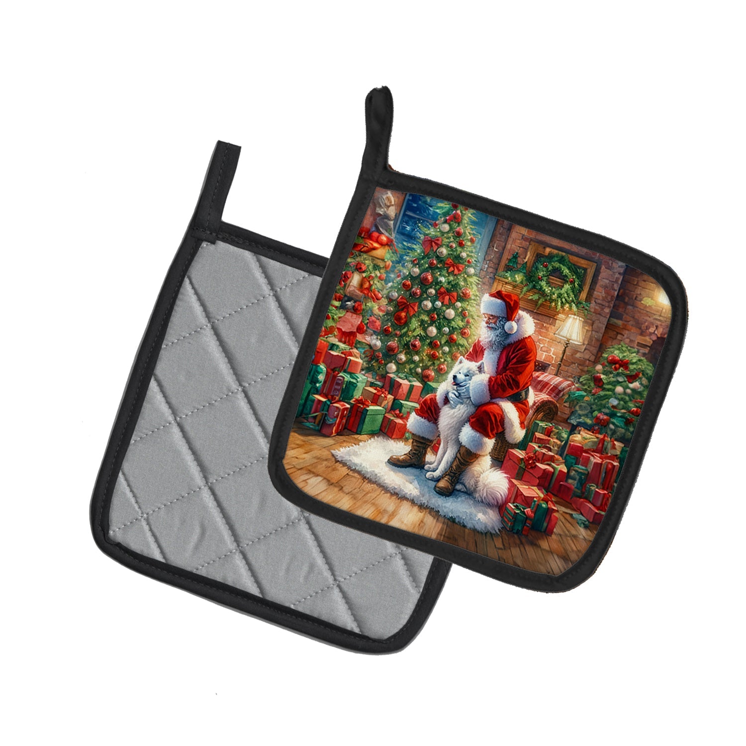 Samoyed and Santa Claus Pot Holder Set of 2 Heat Resistant Quilted Hot Pads 7.5 x 7.5 Inch, Insulated Kitchen Trivets for Cooking & Baking