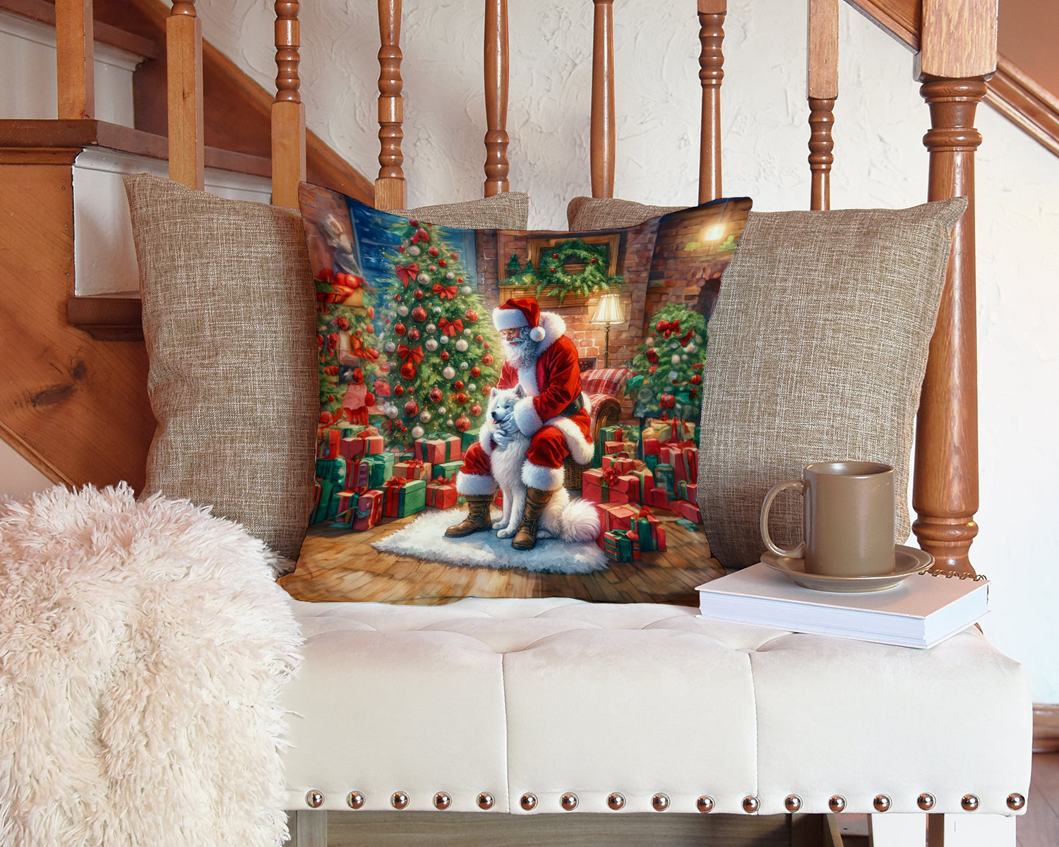 Samoyed and Santa Claus Decorative Throw Pillow 14x14 Indoor Outdoor Accent Cushion, Fabric Cover with Insert for Sofa, Bed, Porch & Living Room