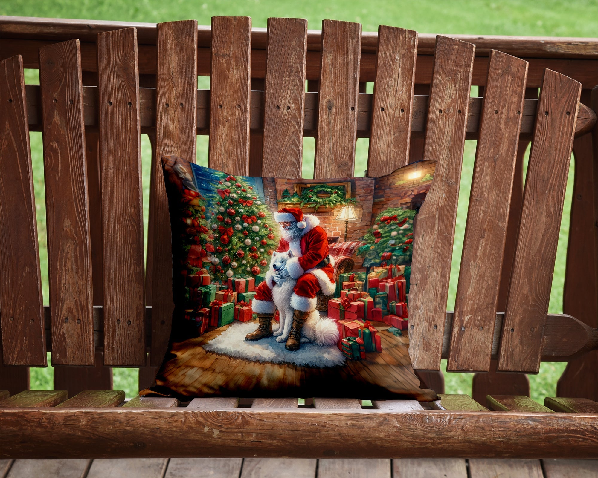 Samoyed and Santa Claus Decorative Throw Pillow 14x14 Indoor Outdoor Accent Cushion, Fabric Cover with Insert for Sofa, Bed, Porch & Living Room