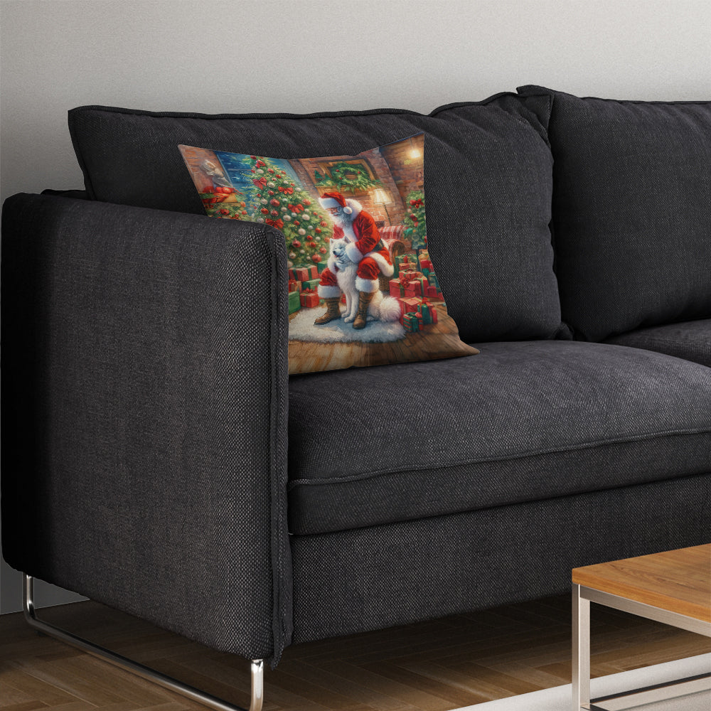 Samoyed and Santa Claus Decorative Throw Pillow 14x14 Indoor Outdoor Accent Cushion, Fabric Cover with Insert for Sofa, Bed, Porch & Living Room