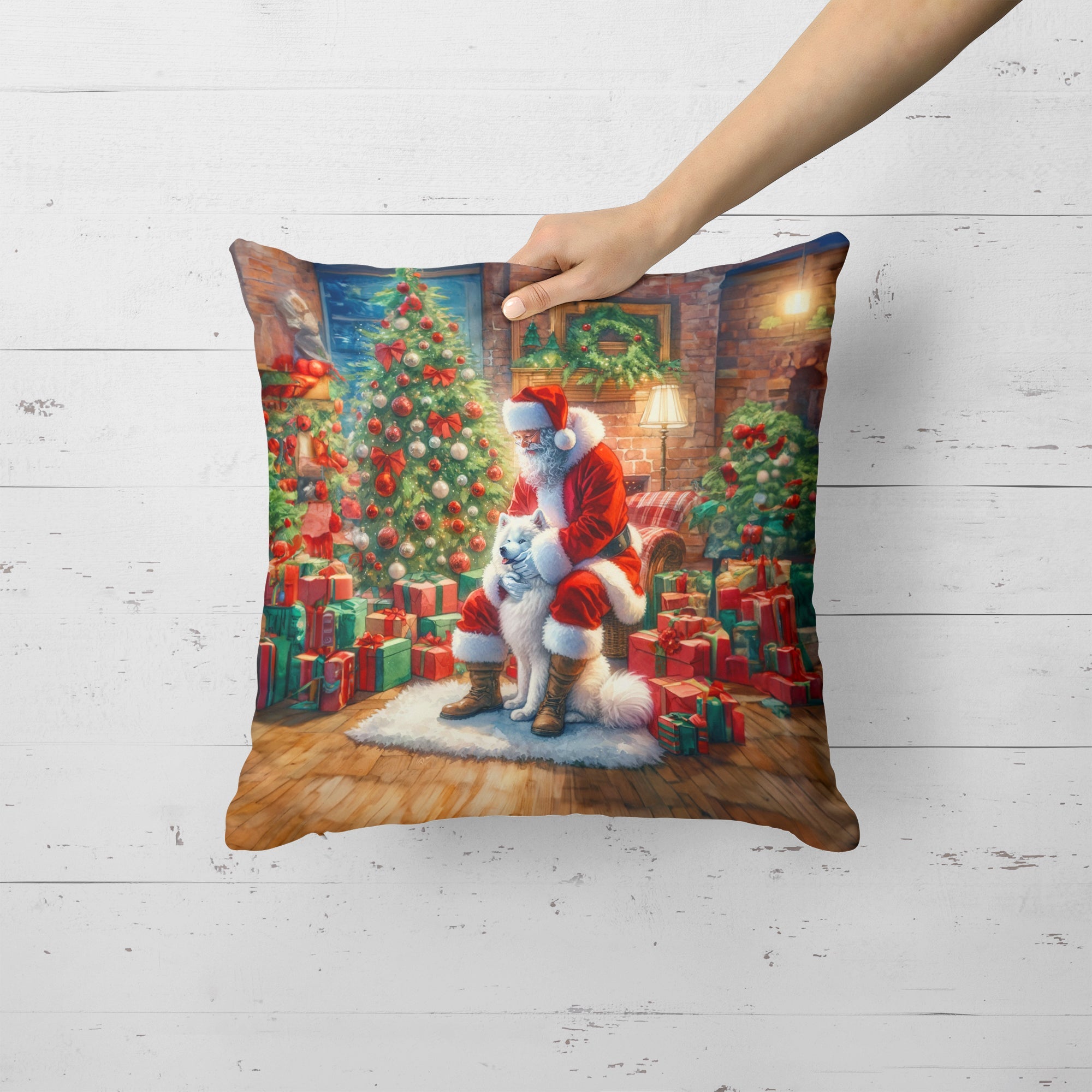 Samoyed and Santa Claus Decorative Throw Pillow 18x18 Indoor Outdoor Accent Cushion, Fabric Cover with Insert for Sofa, Bed, Porch & Living Room