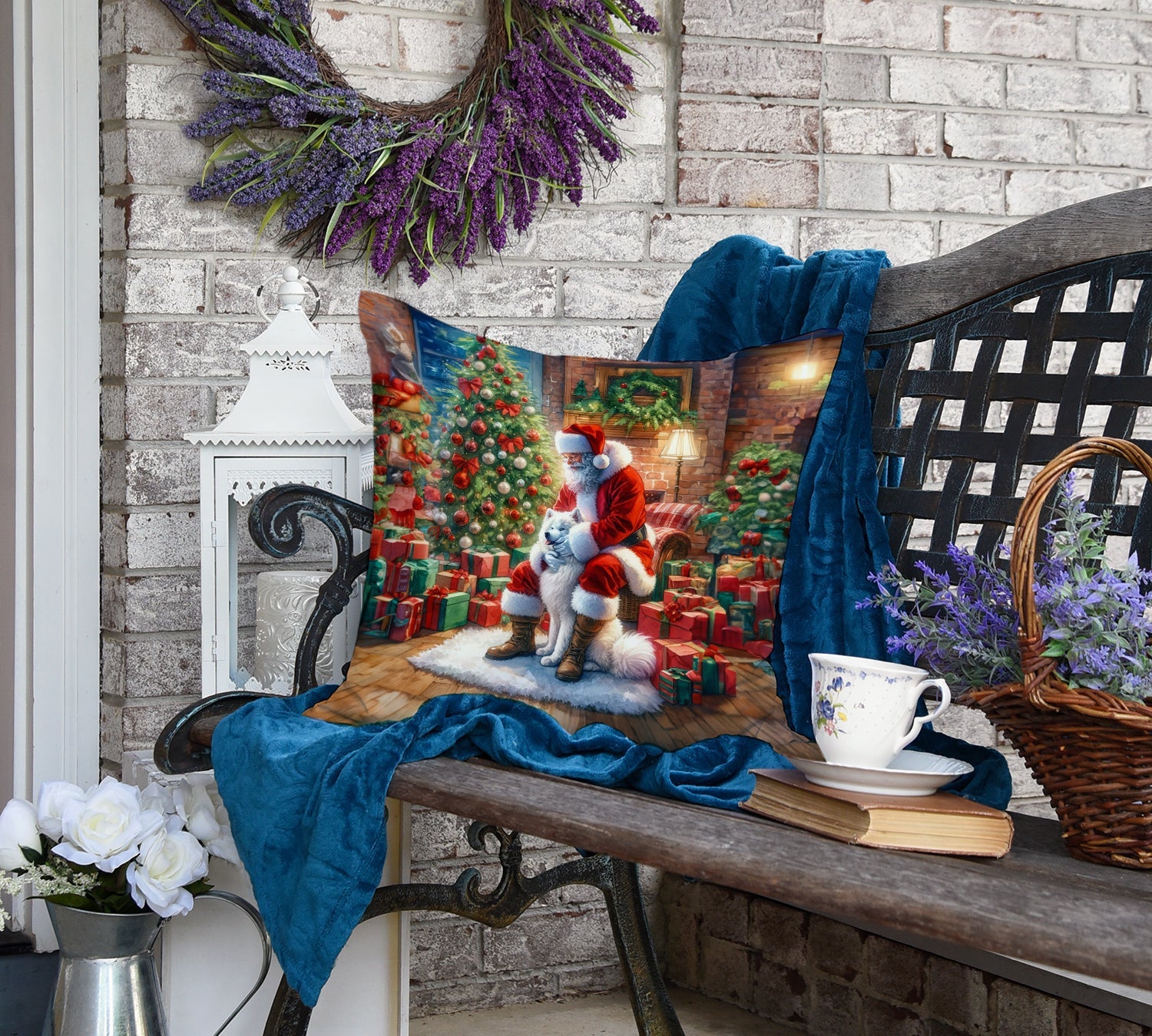 Samoyed and Santa Claus Decorative Throw Pillow 18x18 Indoor Outdoor Accent Cushion, Fabric Cover with Insert for Sofa, Bed, Porch & Living Room