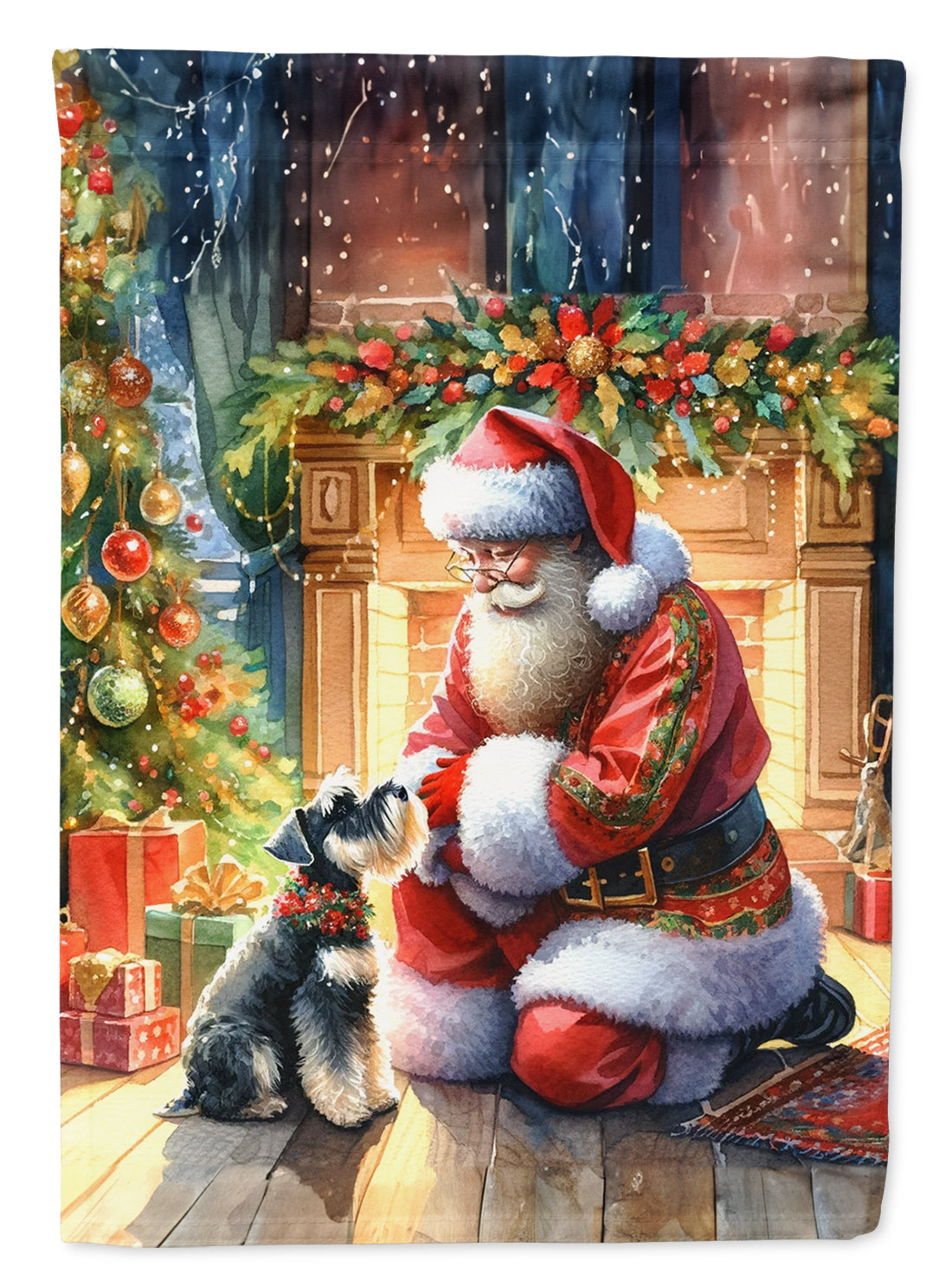 Schnauzer and Santa Claus House Flag 28x40 Porch Sleeve Pole Decorative Outside Yard Banner Artwork Wall Hanging, Polyester