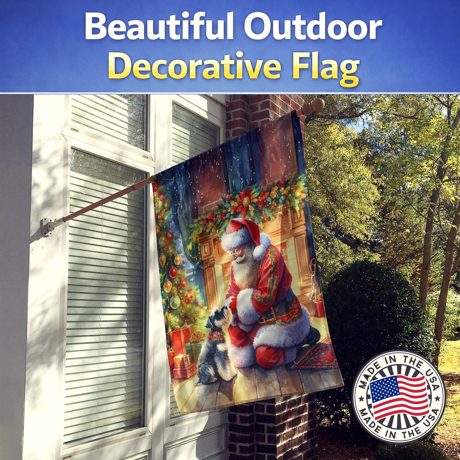 Schnauzer and Santa Claus House Flag 28x40 Porch Sleeve Pole Decorative Outside Yard Banner Artwork Wall Hanging, Polyester