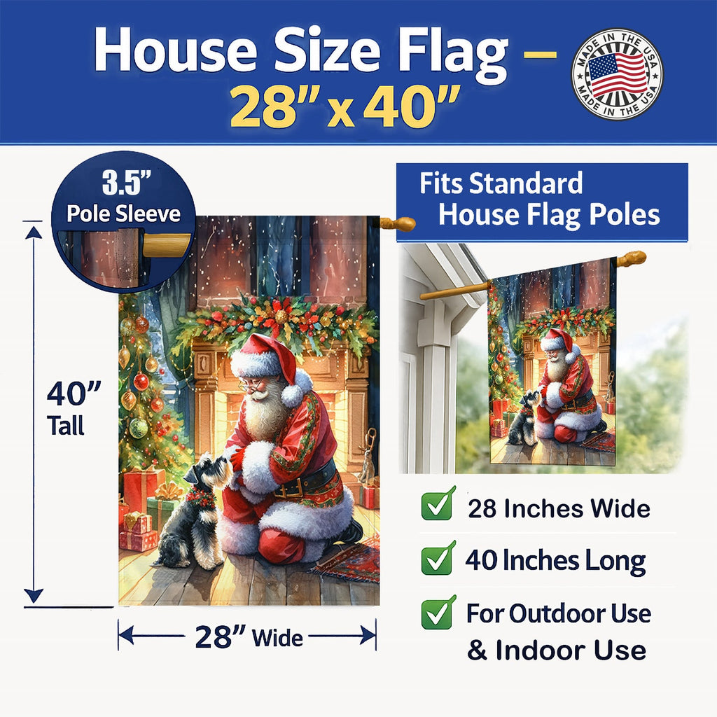 Schnauzer and Santa Claus House Flag 28x40 Porch Sleeve Pole Decorative Outside Yard Banner Artwork Wall Hanging, Polyester