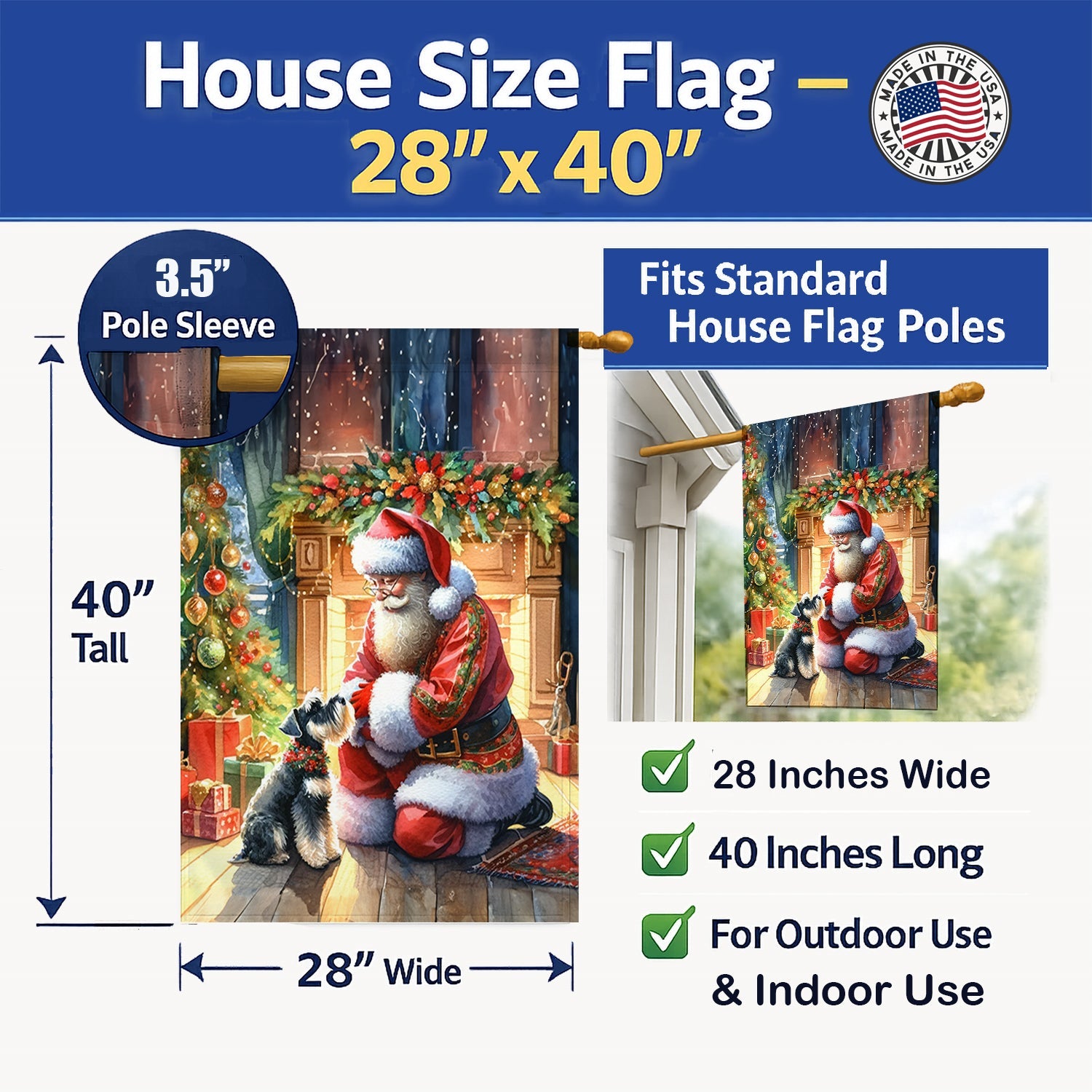 Schnauzer and Santa Claus House Flag 28x40 Porch Sleeve Pole Decorative Outside Yard Banner Artwork Wall Hanging, Polyester