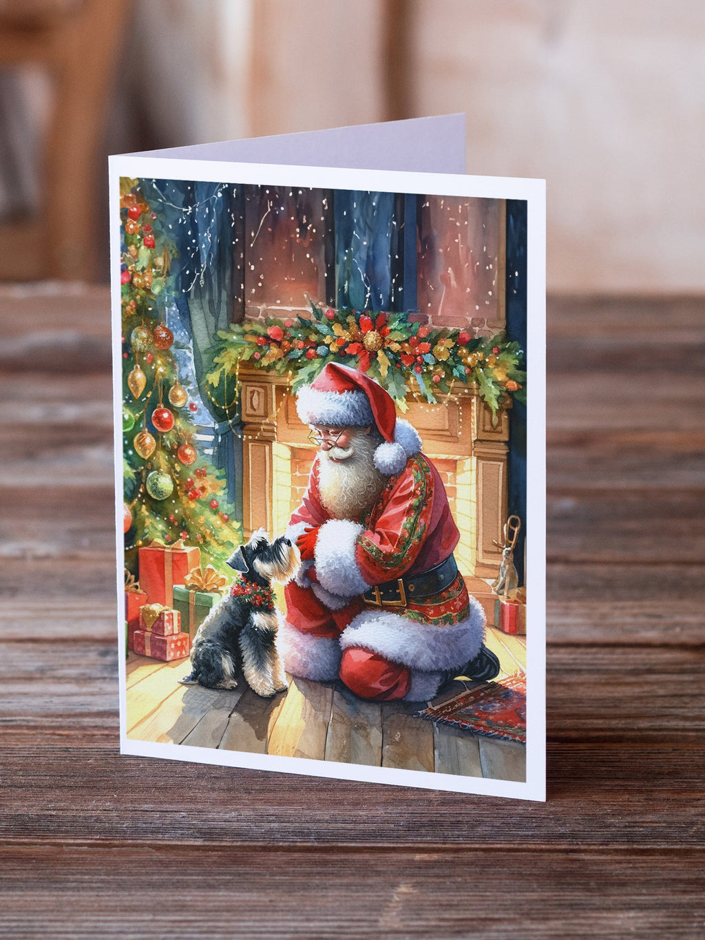 Schnauzer and Santa Claus Greeting Cards Pack of 8 Blank Cards with Envelopes Whimsical A7 Size 5x7