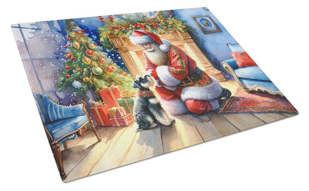 Schnauzer and Santa Claus Cutting Board Tempered Glass Kitchen Cutting Surface, Heat Resistant Chopping, Non-Slip Feet, Food Prep & Serving