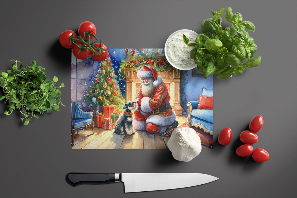 Schnauzer and Santa Claus Cutting Board Tempered Glass Kitchen Cutting Surface, Heat Resistant Chopping, Non-Slip Feet, Food Prep & Serving