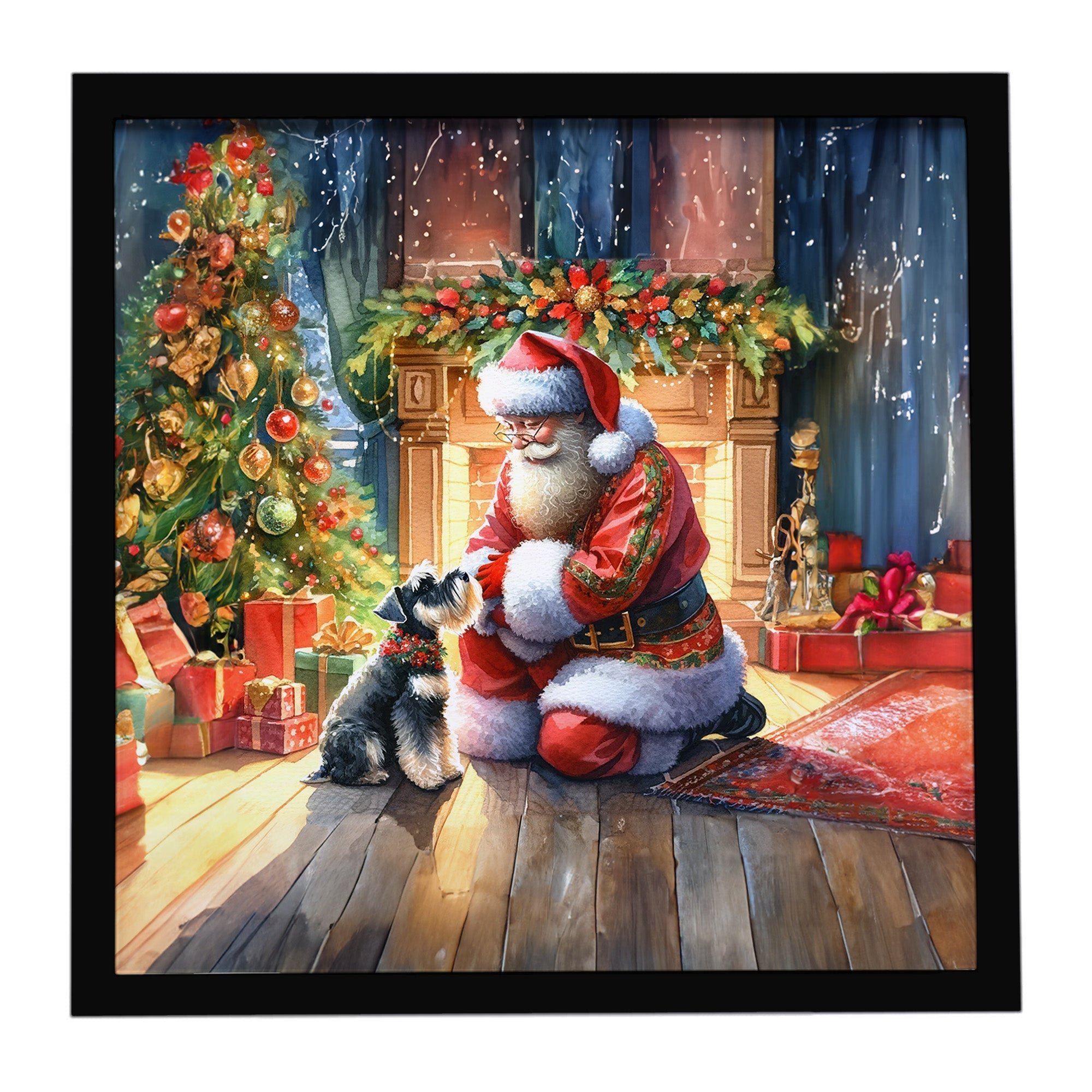 Schnauzer and Santa Claus Framed Metal Print Bathroom, Kitchen, Office, Home Decor Wall Art Ready to Hang, Square, 8X8