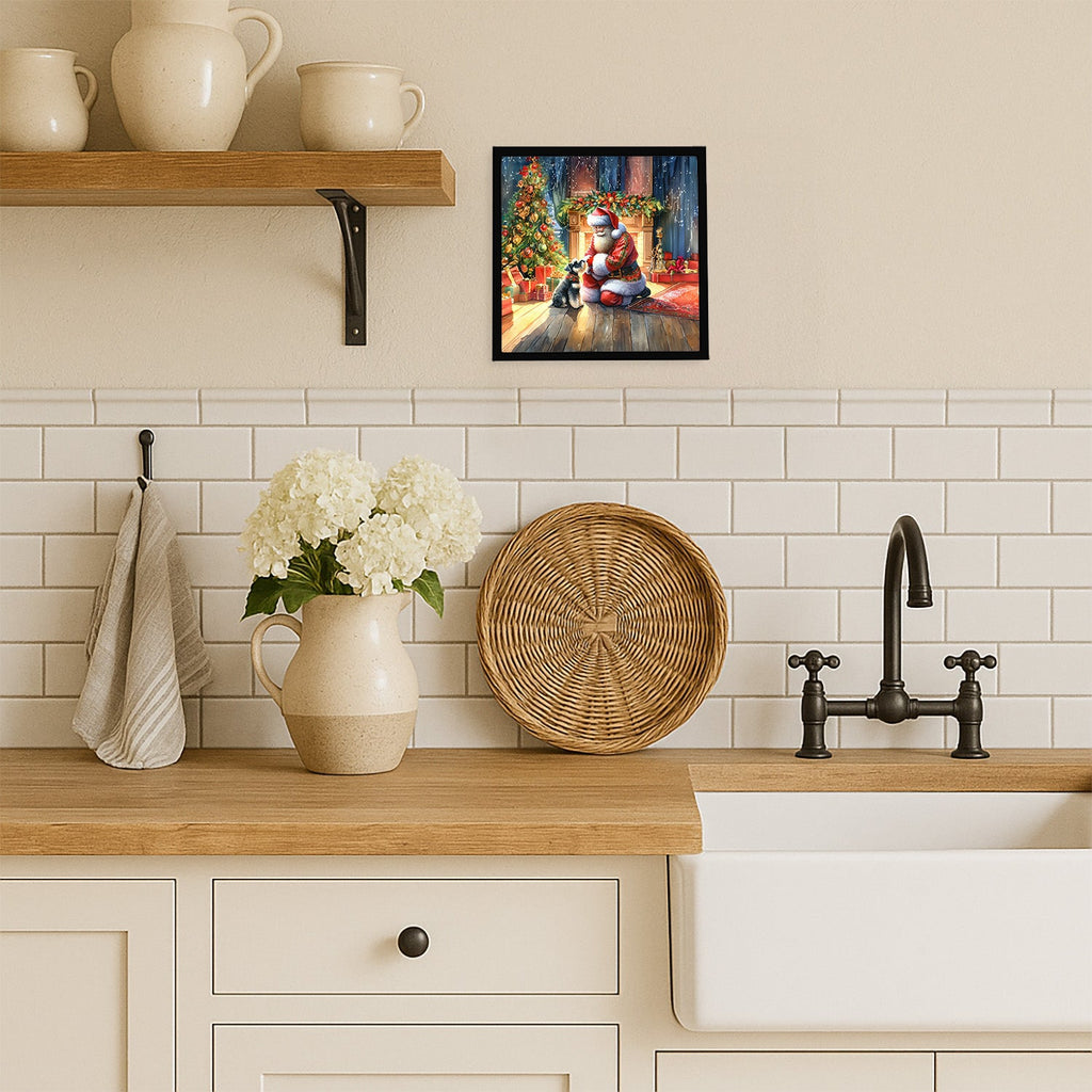 Schnauzer and Santa Claus Framed Metal Print Bathroom, Kitchen, Office, Home Decor Wall Art Ready to Hang, Square, 8X8