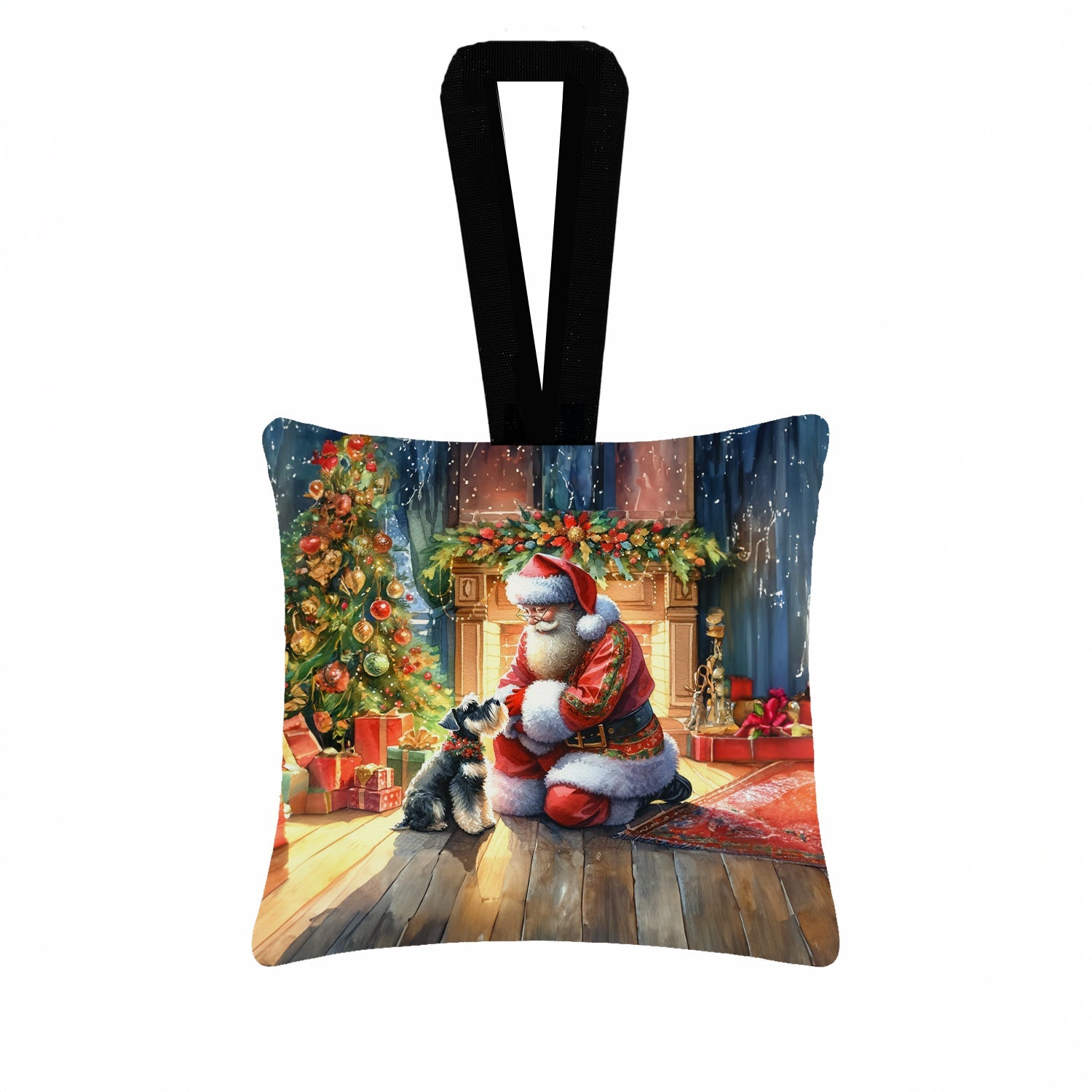 Schnauzer and Santa Claus Hanging Square Fabric Ornament 3.5 × 3.5 Decorative Door-Knob & Tree Hanger, Soft Fabric