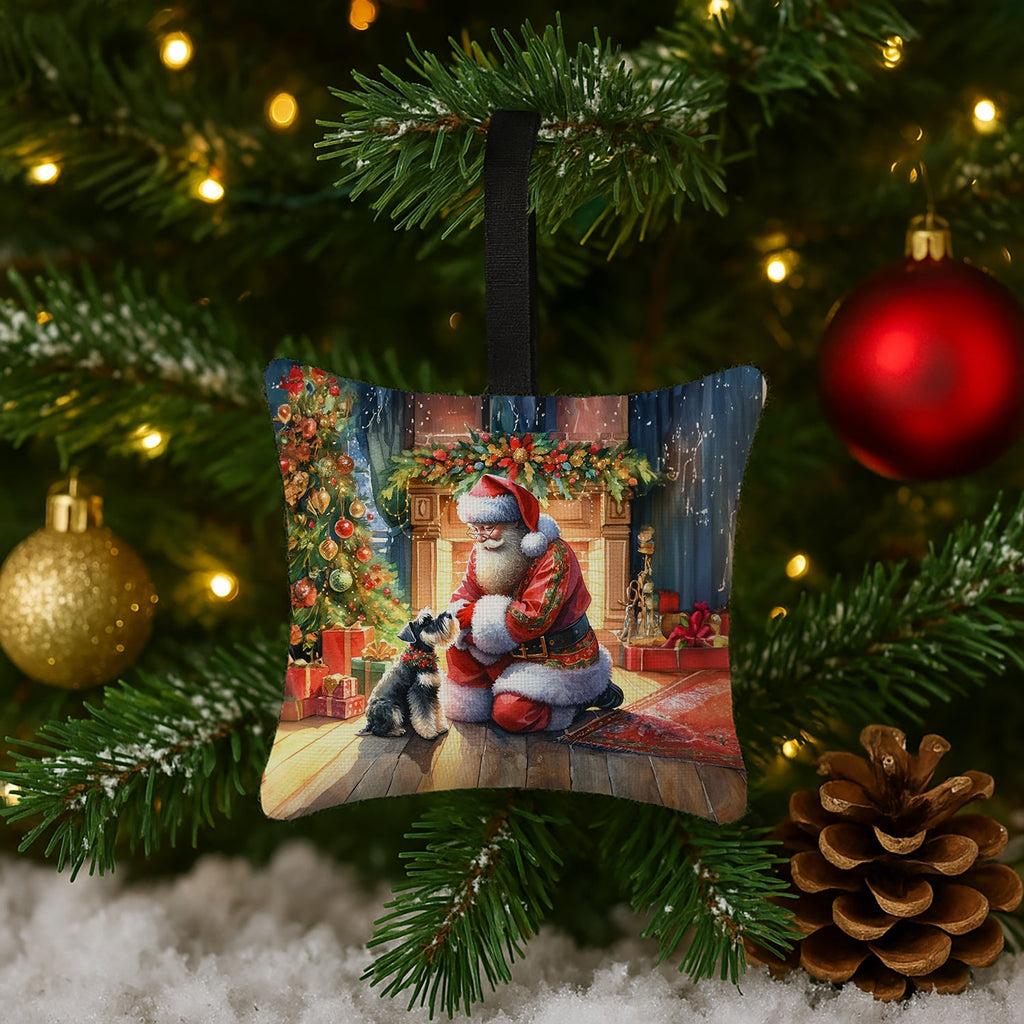 Schnauzer and Santa Claus Hanging Square Fabric Ornament 3.5 × 3.5 Decorative Door-Knob & Tree Hanger, Soft Fabric