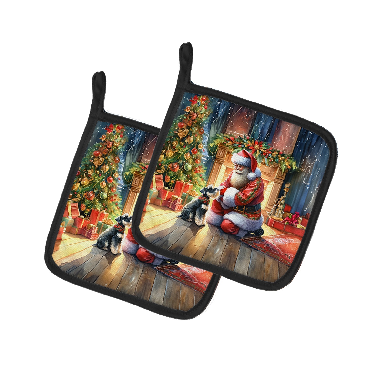Schnauzer and Santa Claus Pot Holder Set of 2 Heat Resistant Quilted Hot Pads 7.5 x 7.5 Inch, Insulated Kitchen Trivets for Cooking & Baking