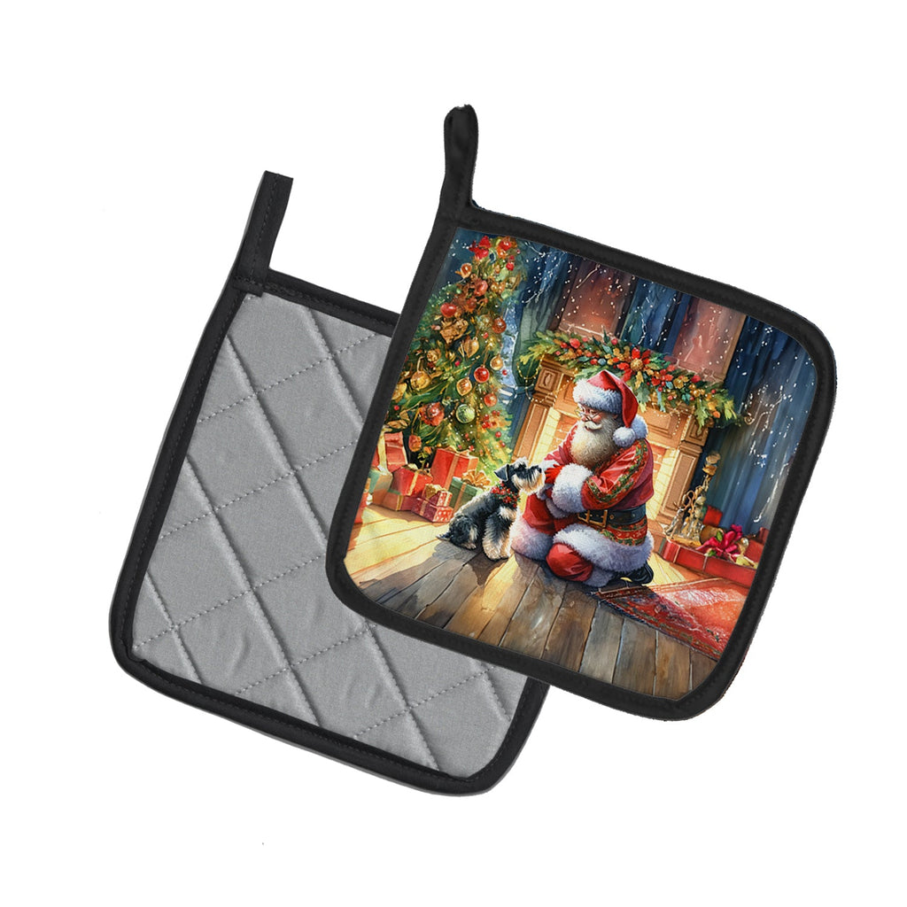 Schnauzer and Santa Claus Pot Holder Set of 2 Heat Resistant Quilted Hot Pads 7.5 x 7.5 Inch, Insulated Kitchen Trivets for Cooking & Baking
