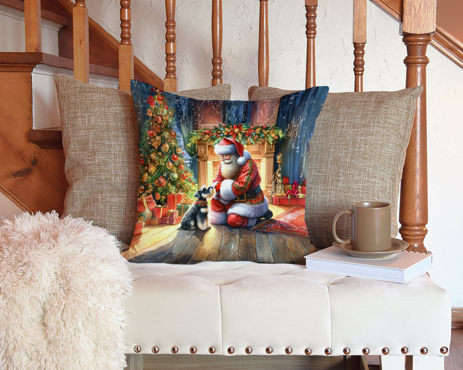 Schnauzer and Santa Claus Decorative Throw Pillow 14x14 Indoor Outdoor Accent Cushion, Fabric Cover with Insert for Sofa, Bed, Porch & Living Room