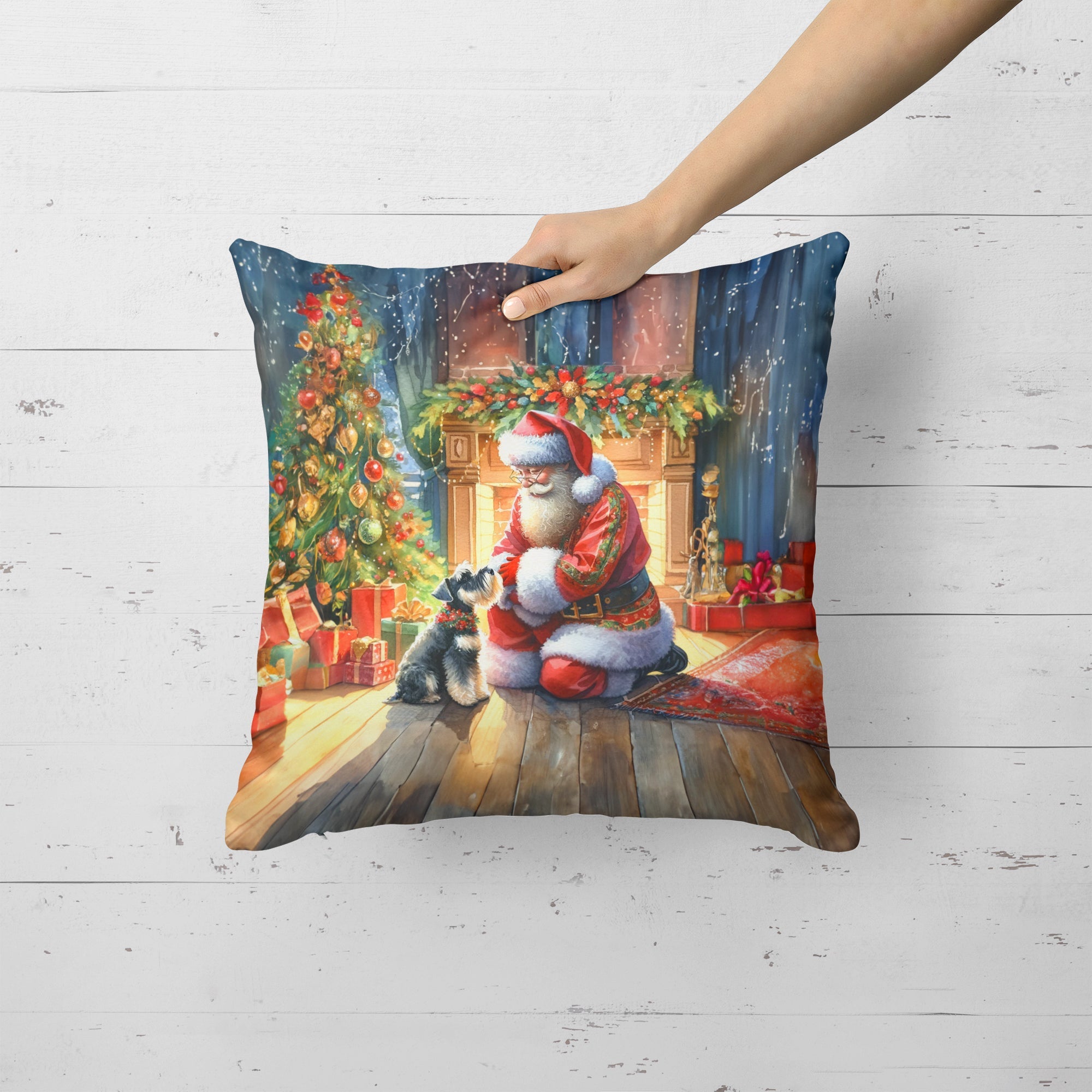 Schnauzer and Santa Claus Decorative Throw Pillow 18x18 Indoor Outdoor Accent Cushion, Fabric Cover with Insert for Sofa, Bed, Porch & Living Room
