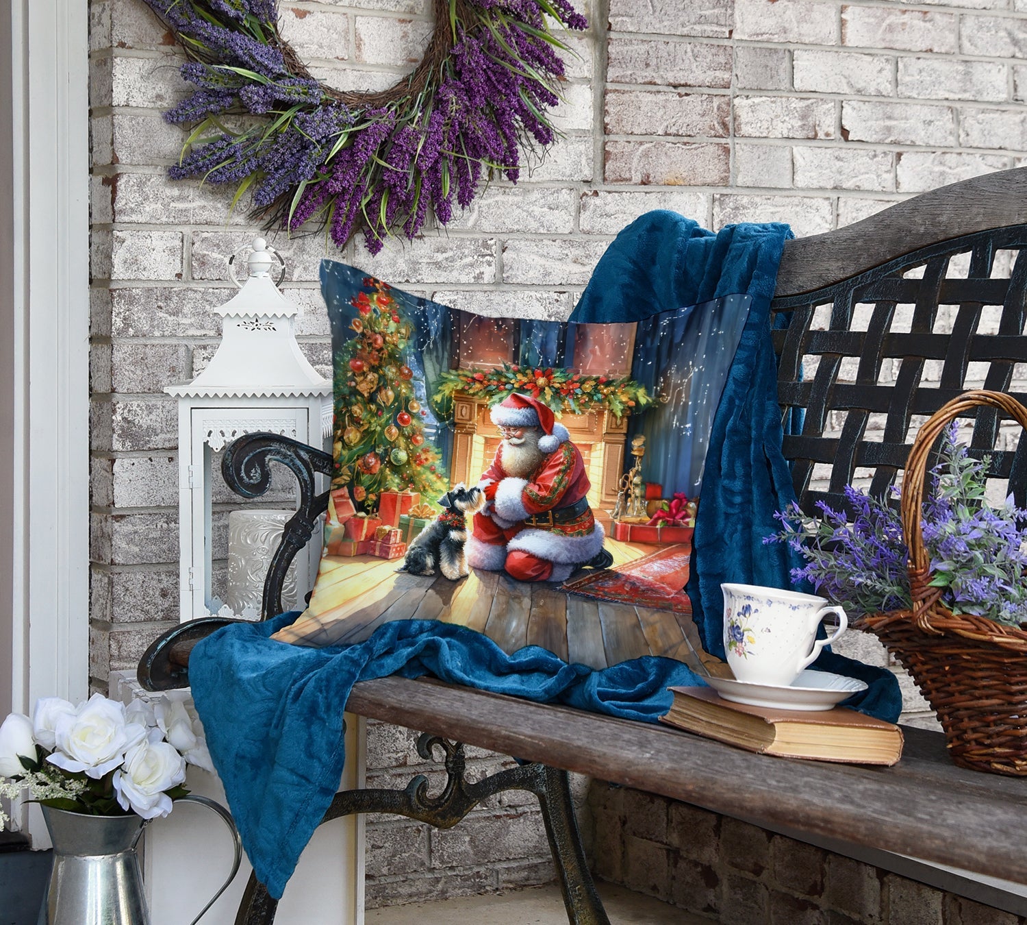 Schnauzer and Santa Claus Decorative Throw Pillow 18x18 Indoor Outdoor Accent Cushion, Fabric Cover with Insert for Sofa, Bed, Porch & Living Room