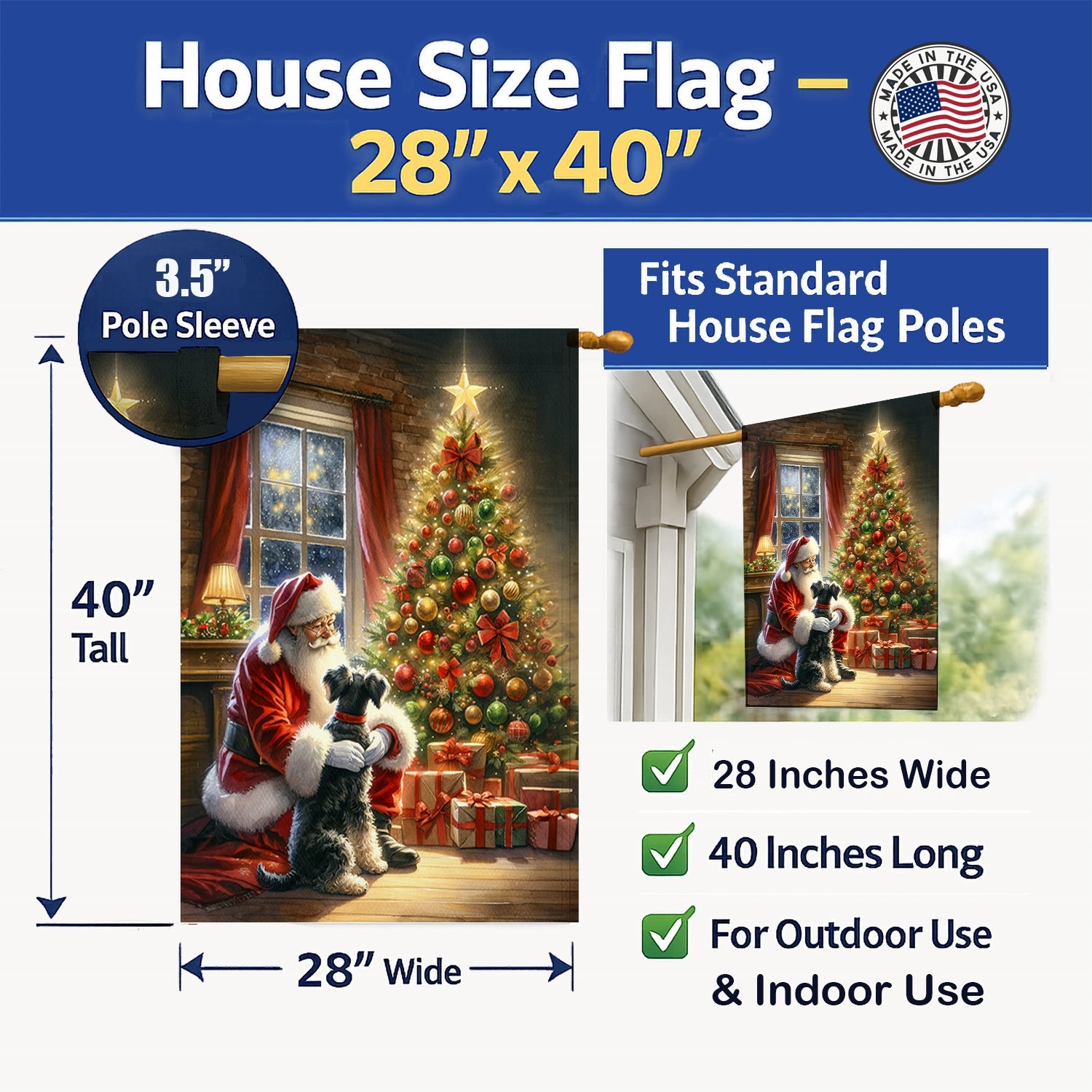 Schnauzer and Santa Claus House Flag 28x40 Porch Sleeve Pole Decorative Outside Yard Banner Artwork Wall Hanging, Polyester