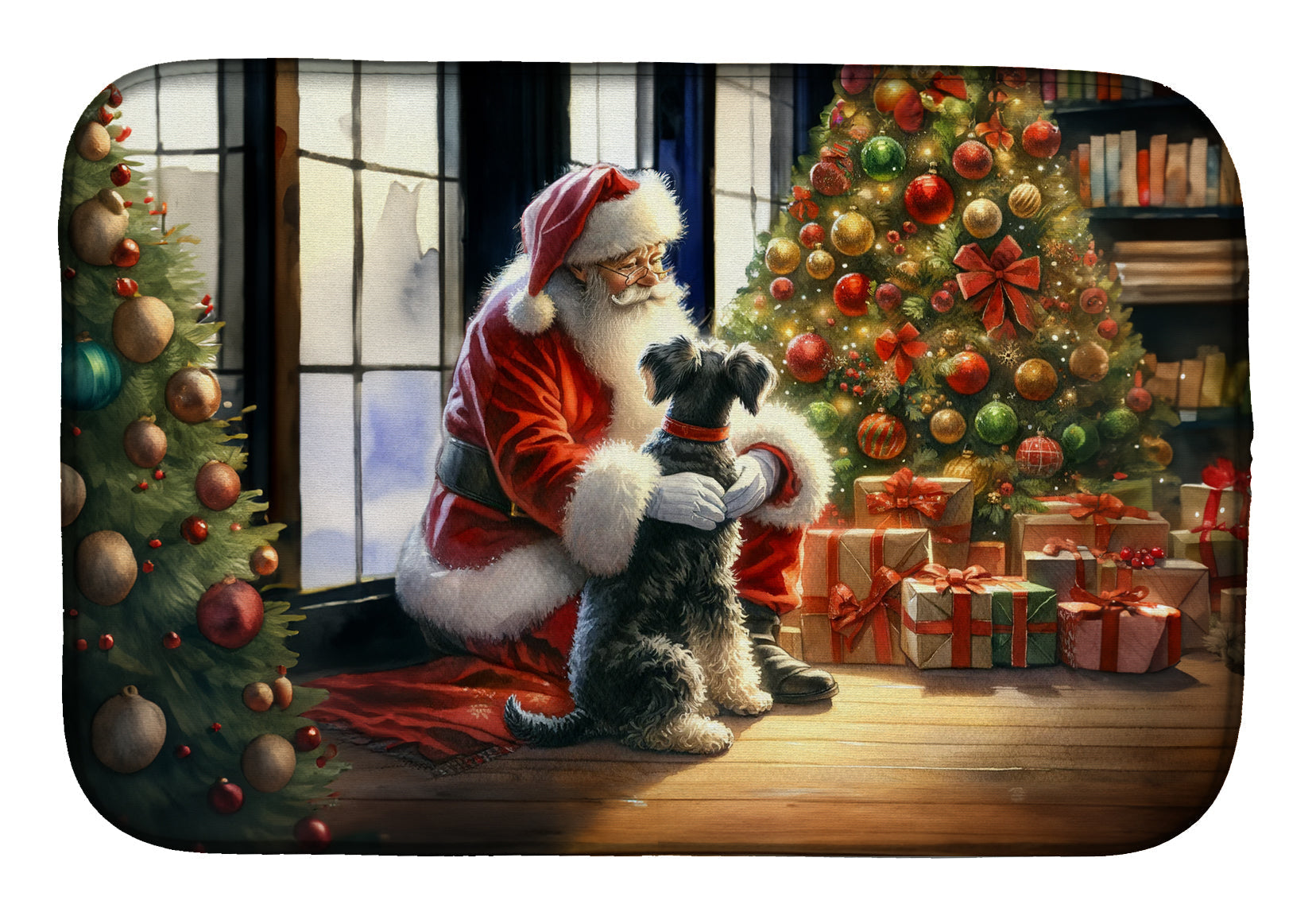 Schnauzer and Santa Claus Dish Drying Mat Absorbent Dish Drying Mat Pad for Kitchen Counter Dish Drainer Mat for Countertop, 14 x 21", Multicolor