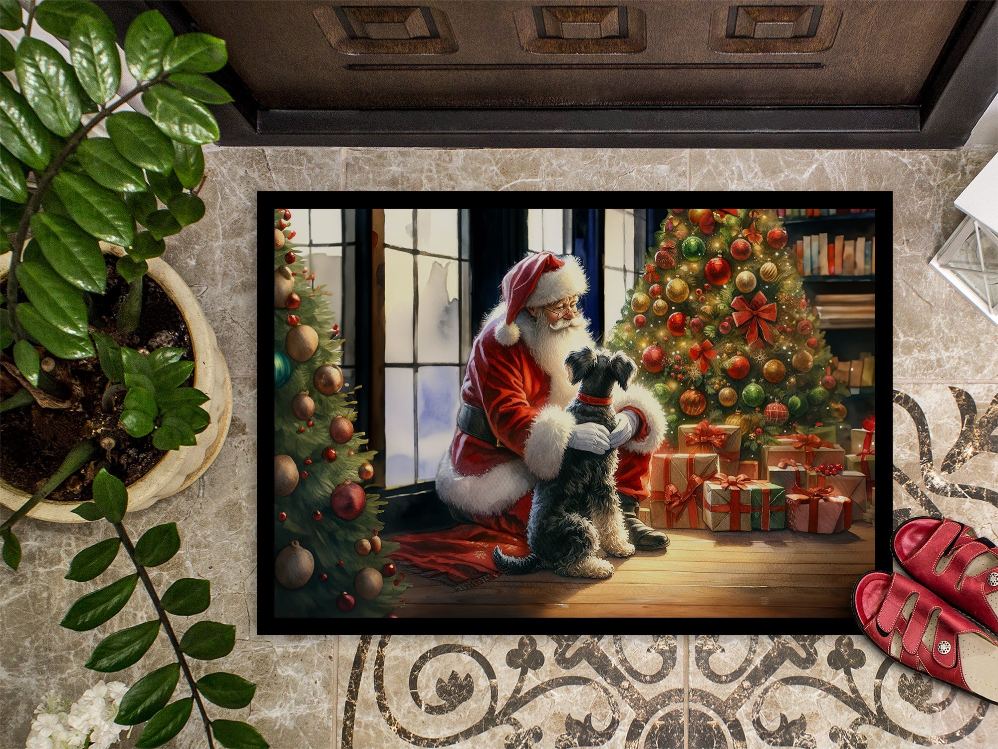 Schnauzer and Santa Claus Doormat Indoor Outdoor 24H X 36W Front Door Mat Rugs for Entryway, Non Slip Washable Low Pile,