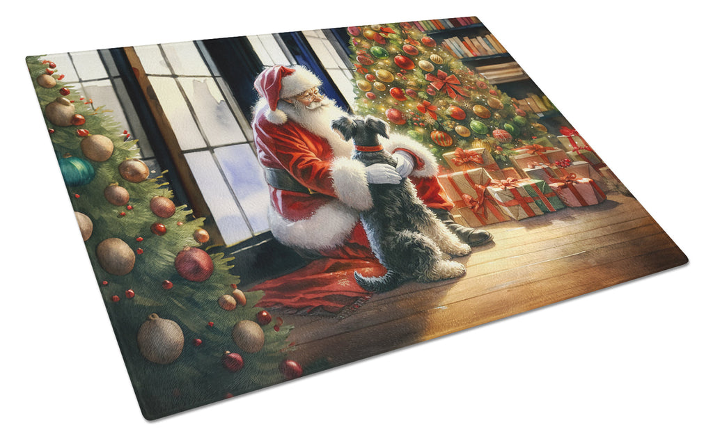 Schnauzer and Santa Claus Cutting Board Tempered Glass Kitchen Cutting Surface, Heat Resistant Chopping, Non-Slip Feet, Food Prep & Serving