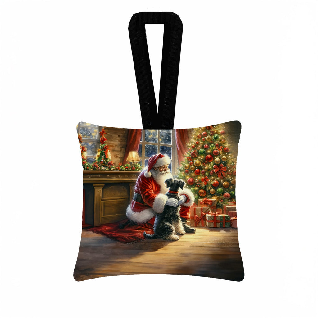Schnauzer and Santa Claus Hanging Square Fabric Ornament 3.5 × 3.5 Decorative Door-Knob & Tree Hanger, Soft Fabric