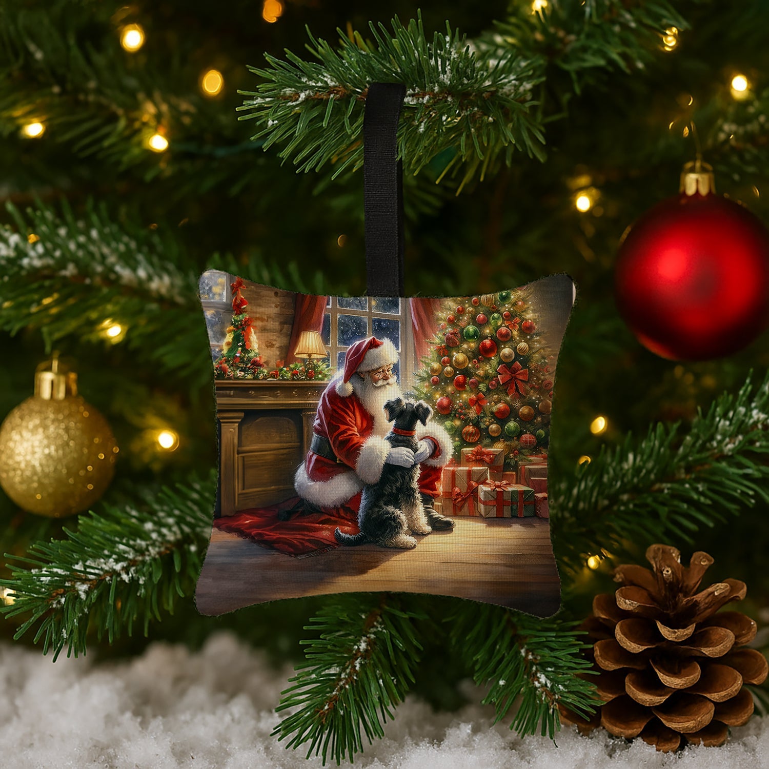 Schnauzer and Santa Claus Hanging Square Fabric Ornament 3.5 × 3.5 Decorative Door-Knob & Tree Hanger, Soft Fabric