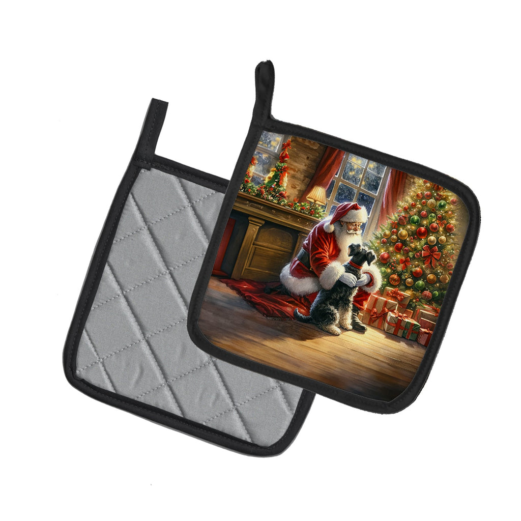 Schnauzer and Santa Claus Pot Holder Set of 2 Heat Resistant Quilted Hot Pads 7.5 x 7.5 Inch, Insulated Kitchen Trivets for Cooking & Baking