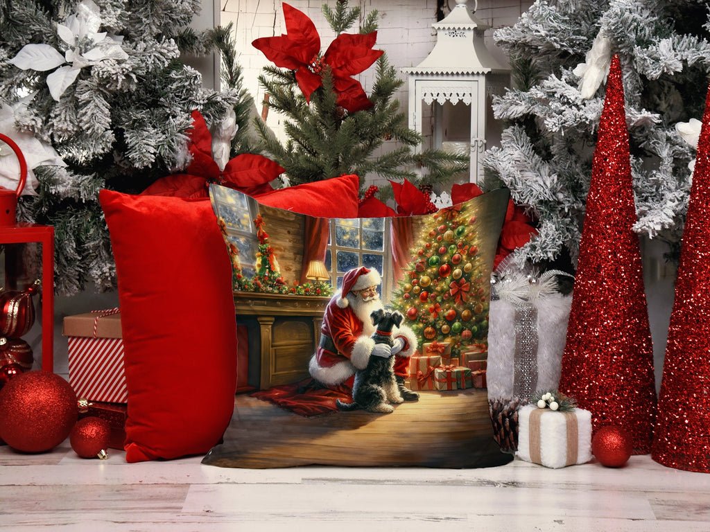 Schnauzer and Santa Claus Decorative Throw Pillow 14x14 Indoor Outdoor Accent Cushion, Fabric Cover with Insert for Sofa, Bed, Porch & Living Room