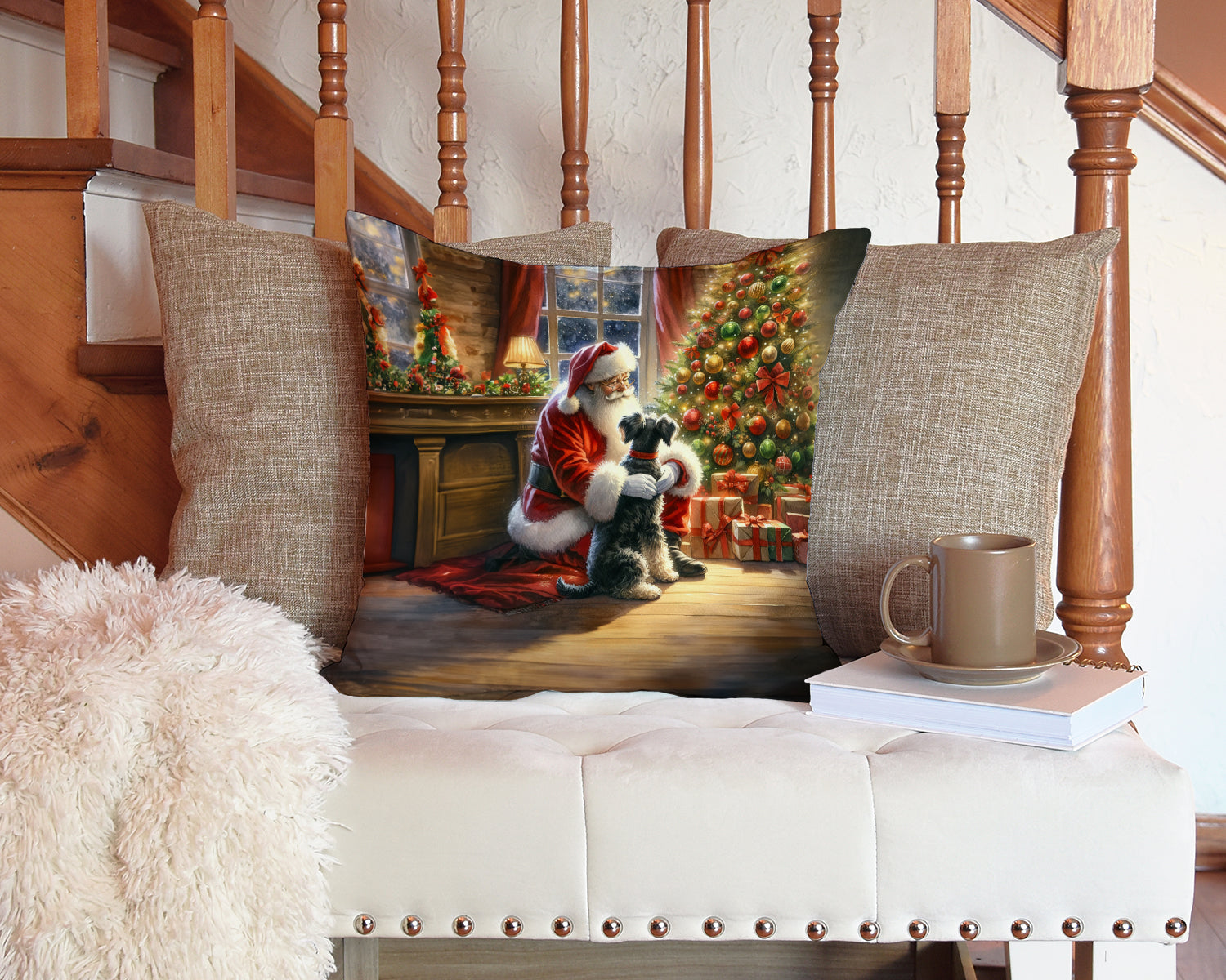 Schnauzer and Santa Claus Decorative Throw Pillow 14x14 Indoor Outdoor Accent Cushion, Fabric Cover with Insert for Sofa, Bed, Porch & Living Room