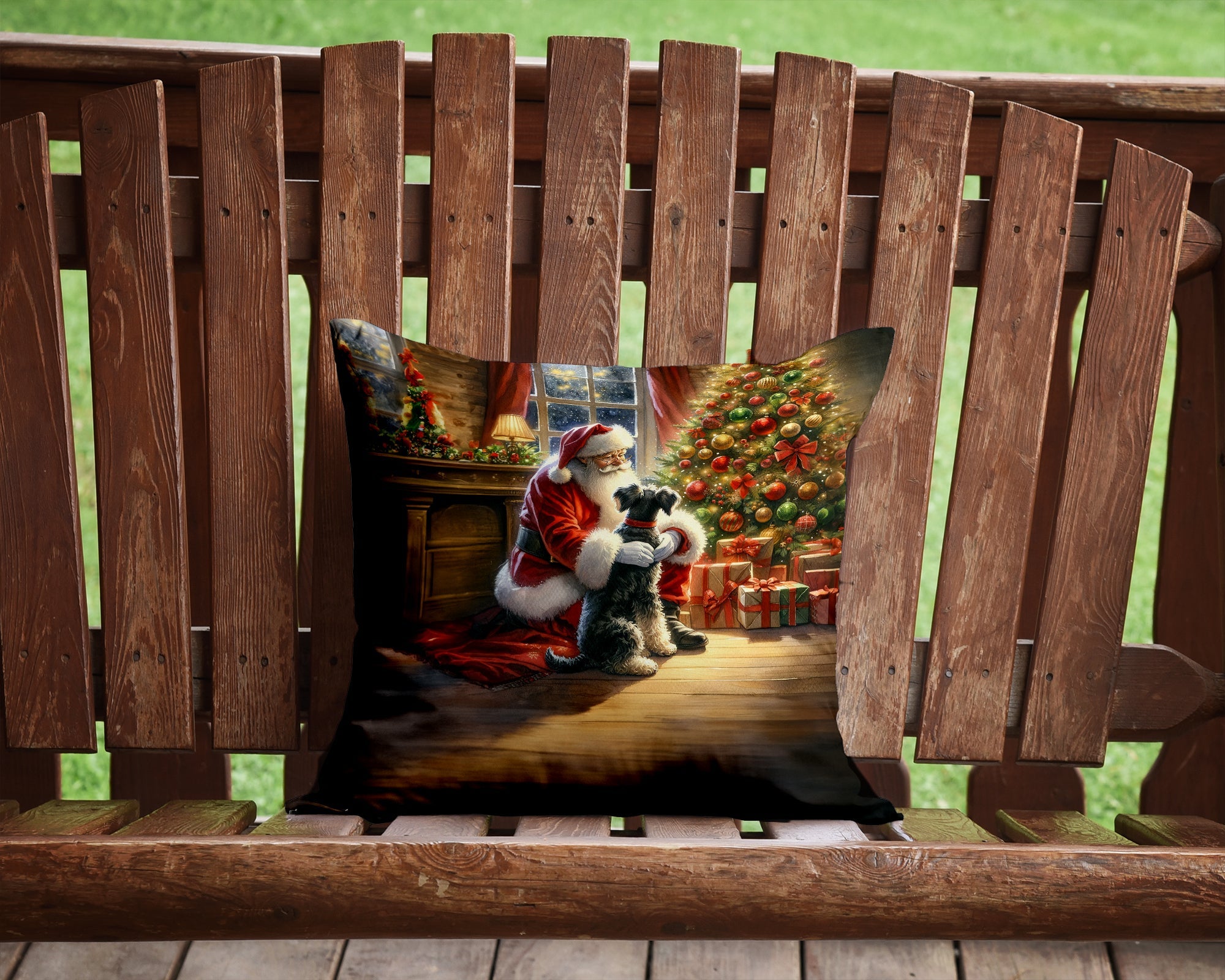 Schnauzer and Santa Claus Decorative Throw Pillow 14x14 Indoor Outdoor Accent Cushion, Fabric Cover with Insert for Sofa, Bed, Porch & Living Room