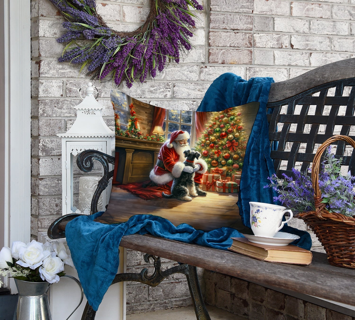 Schnauzer and Santa Claus Decorative Throw Pillow 18x18 Indoor Outdoor Accent Cushion, Fabric Cover with Insert for Sofa, Bed, Porch & Living Room