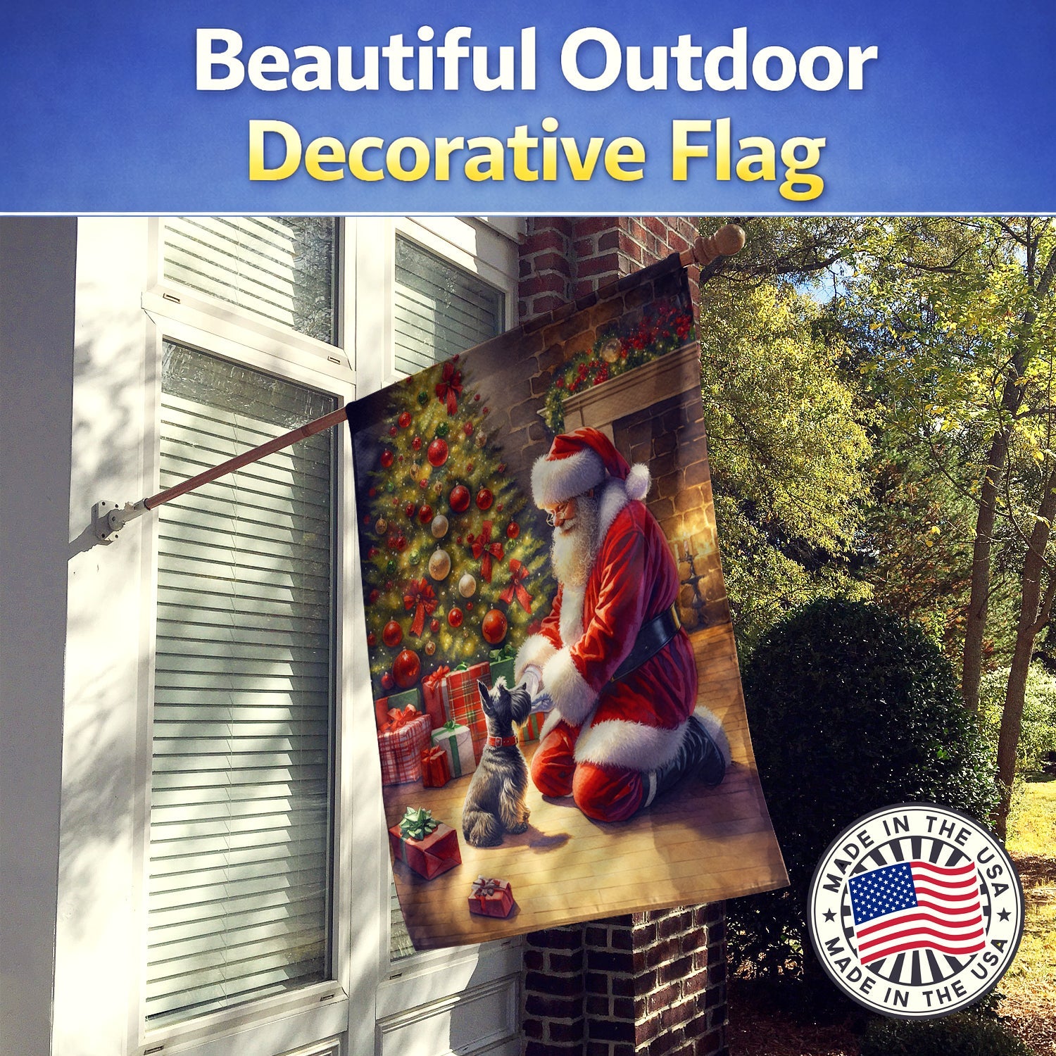 Scottish Terrier and Santa Claus House Flag 28x40 Porch Sleeve Pole Decorative Outside Yard Banner Artwork Wall Hanging, Polyester