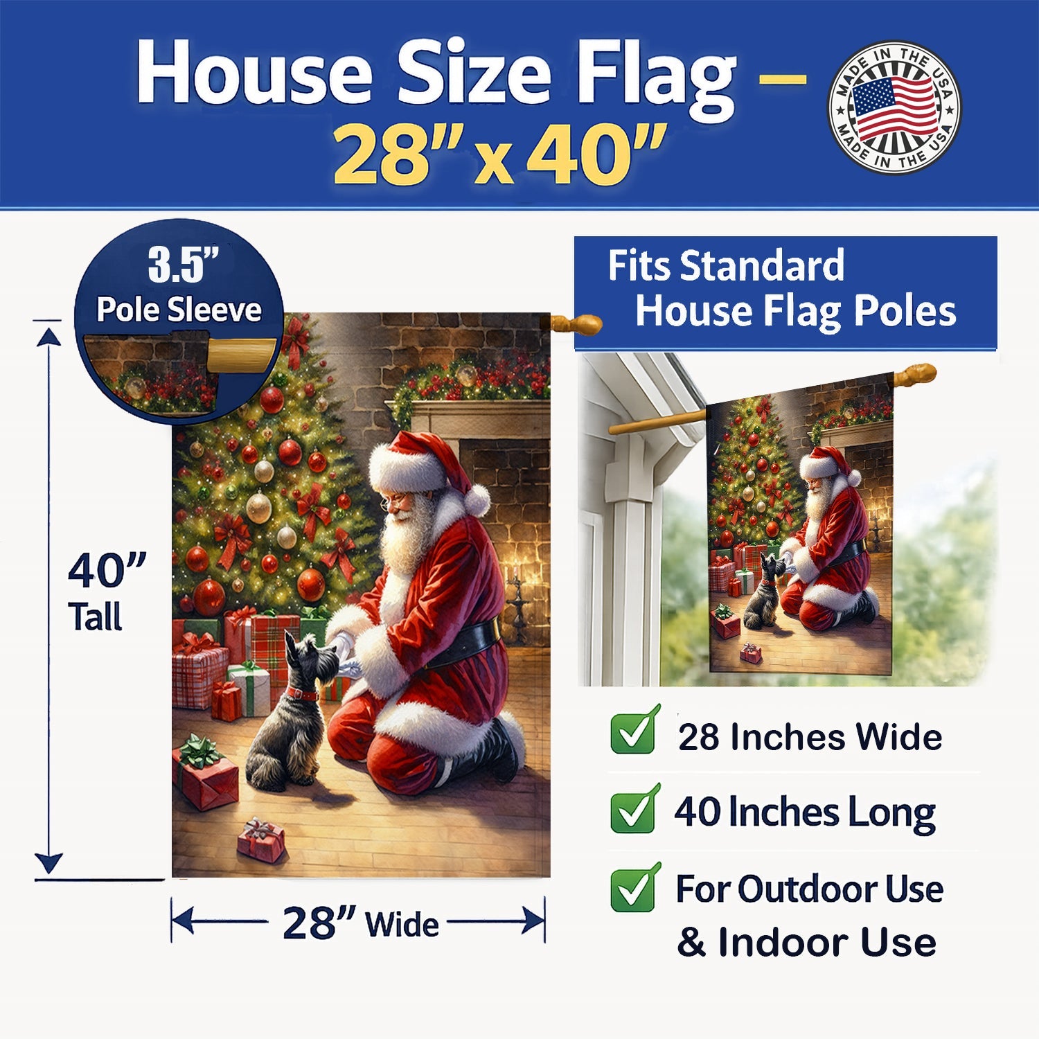 Scottish Terrier and Santa Claus House Flag 28x40 Porch Sleeve Pole Decorative Outside Yard Banner Artwork Wall Hanging, Polyester