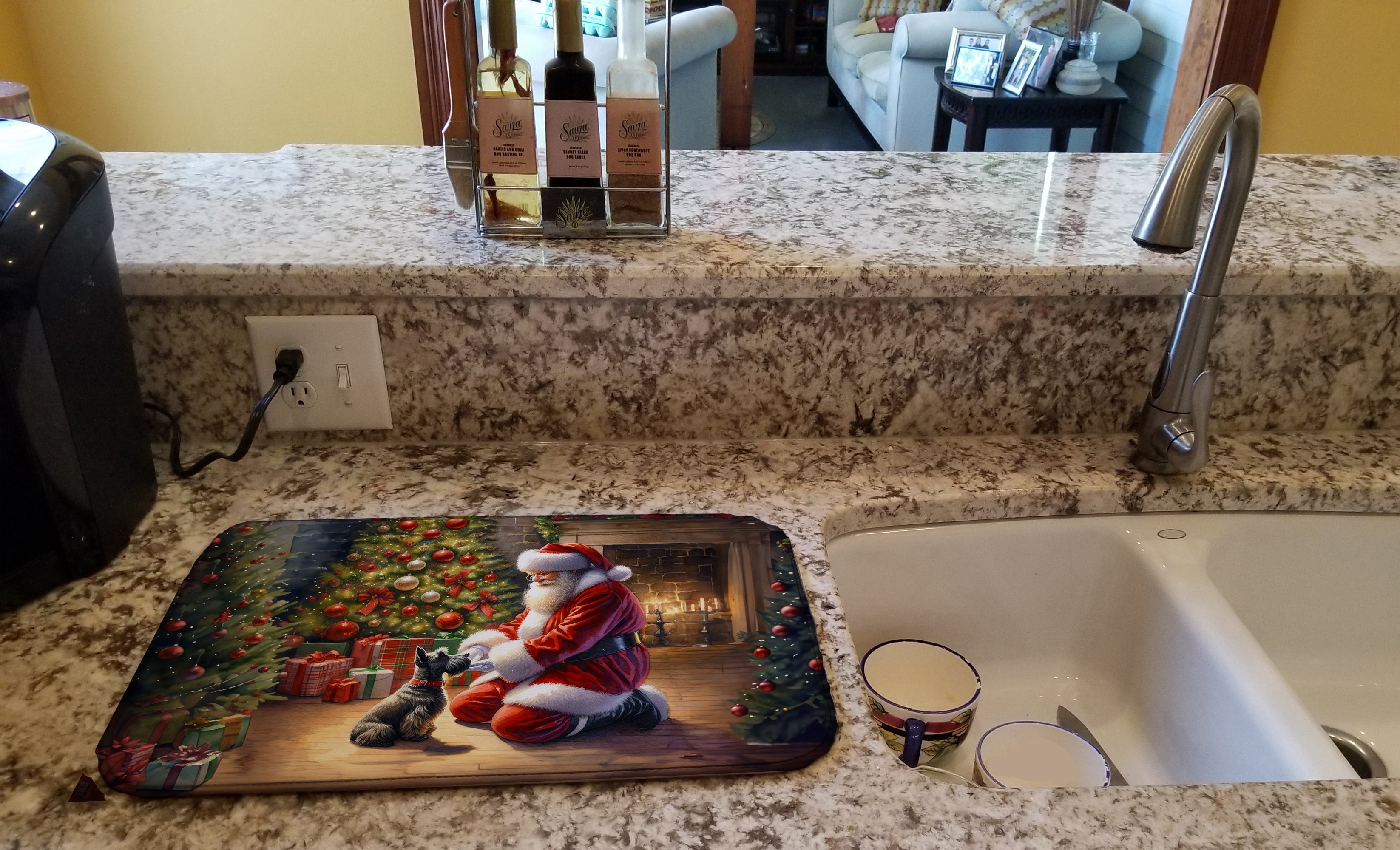 Scottish Terrier and Santa Claus Dish Drying Mat Absorbent Dish Drying Mat Pad for Kitchen Counter Dish Drainer Mat for Countertop, 14 x 21", Multicolor